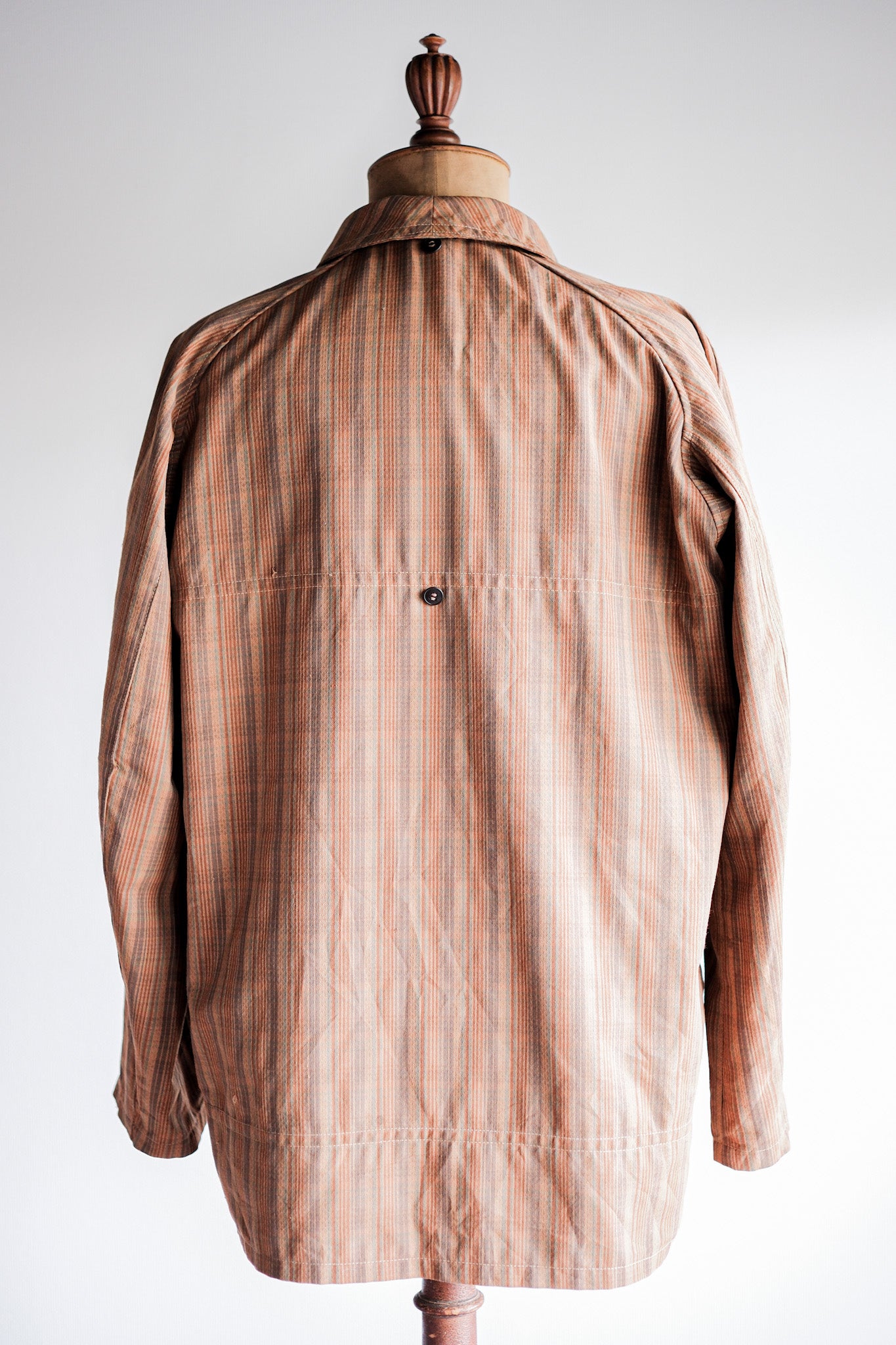 ［~50's］French Vintage Brown Cotton Striped Raglan Sleeve Hunting Jacket With Chin Strap "Unusual Pattern"