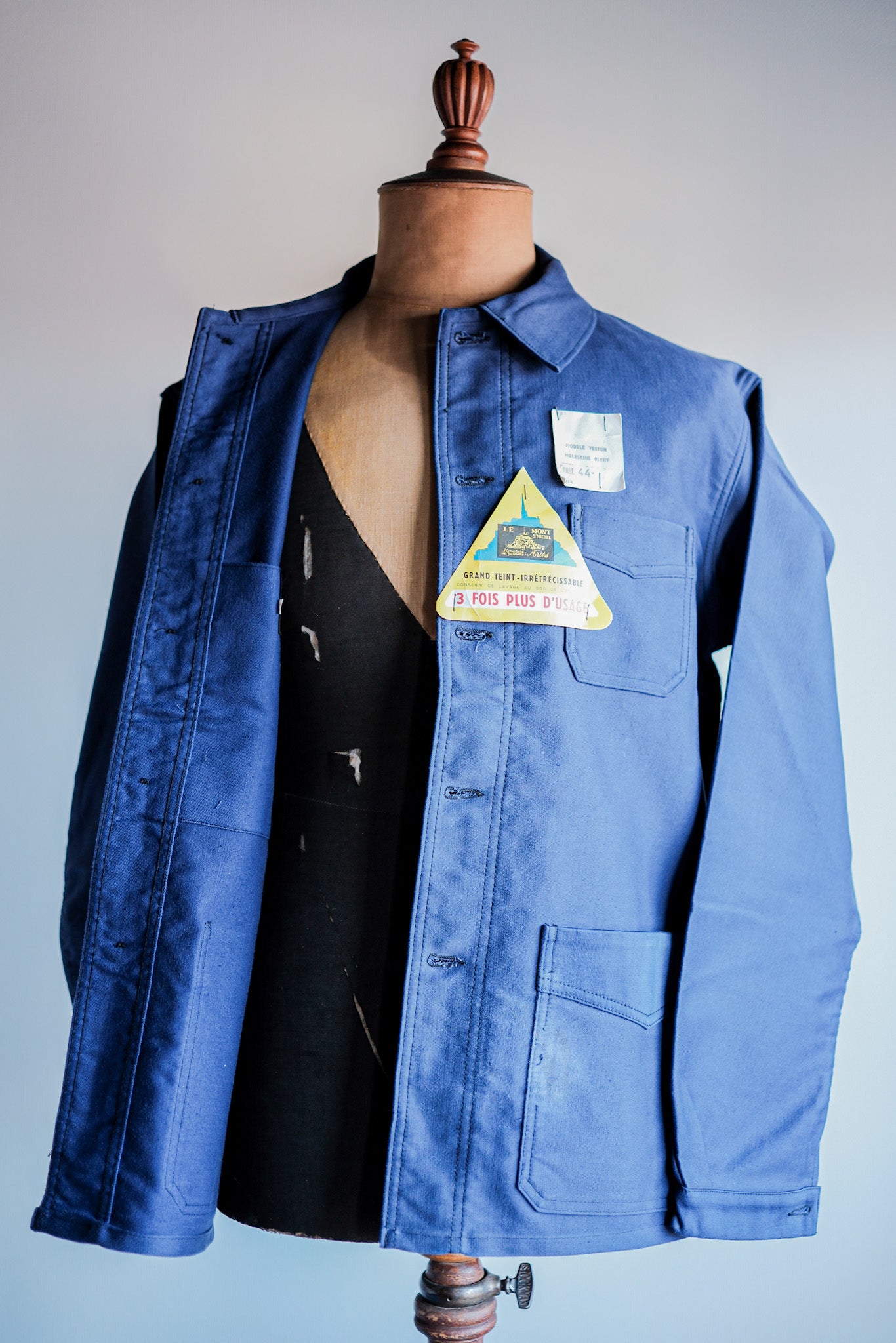 【~50’s】French Vintage Blue Moleskin Work Jacket Size.44 "Le Mont St. Michel" "Dead Stock"