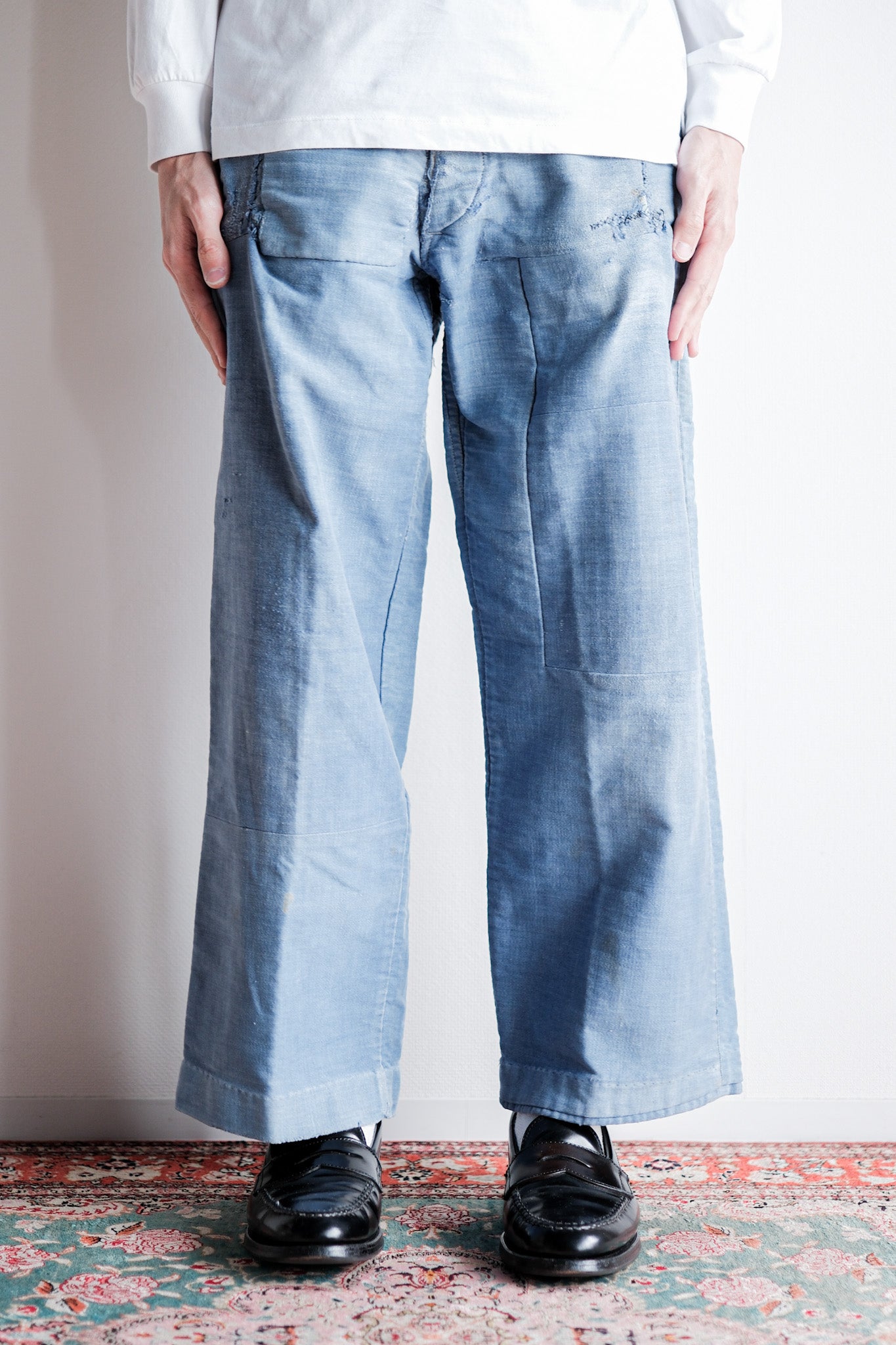 【~40's】French Vintage Blue Moleskin Work Pants "Patchwork" "Le Mont St. Michel"
