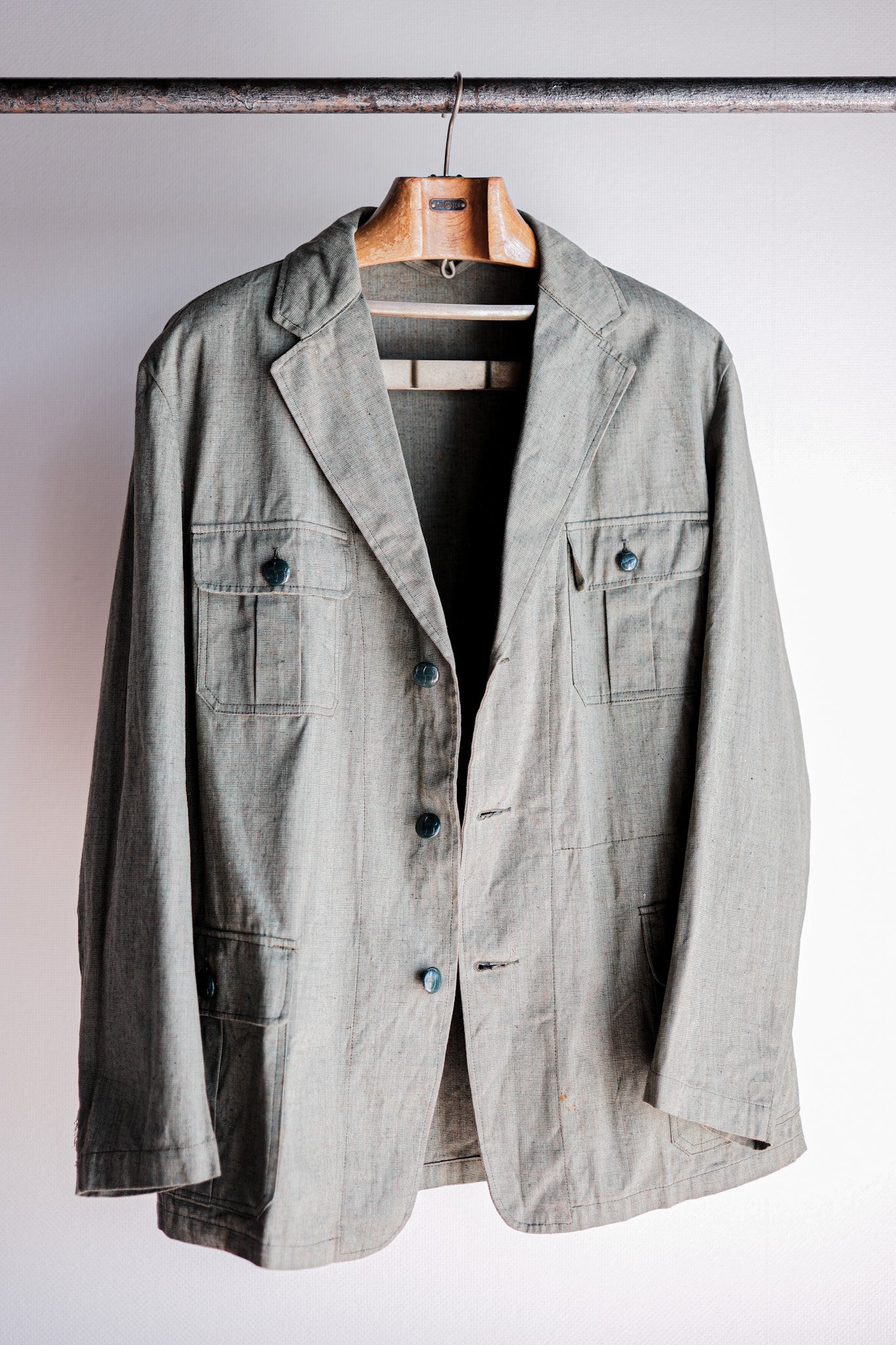 ［~40's］German Vintage Green Chambray 4 Pockets Lapel Work Jacket “Dead Stock”