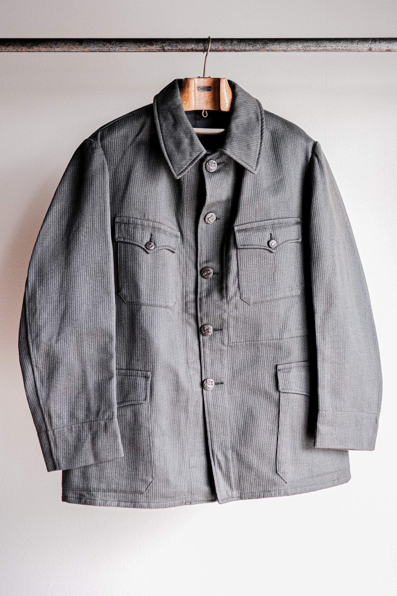 [~ 50's] French Vintage Gray Cotton Pique Hunting Jacket with China Strap "Dead Stock"