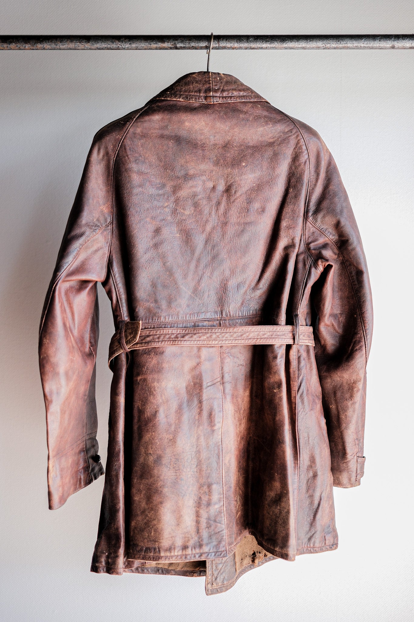 [~ 40's] French Vintage Double Breasted Brown Leather Coat with chan strap