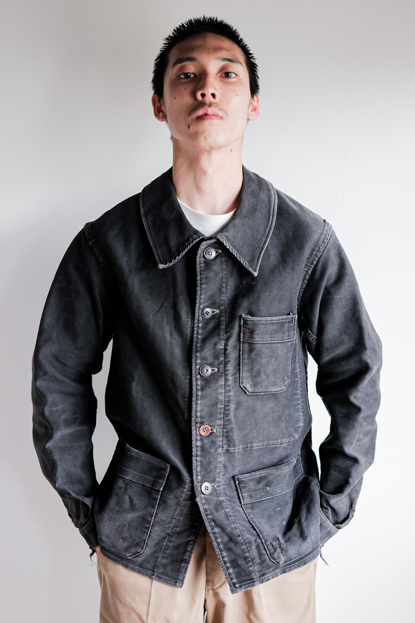 【~40's】French Vintage Black Moleskin Work Jacket "Adolphe Lafont"