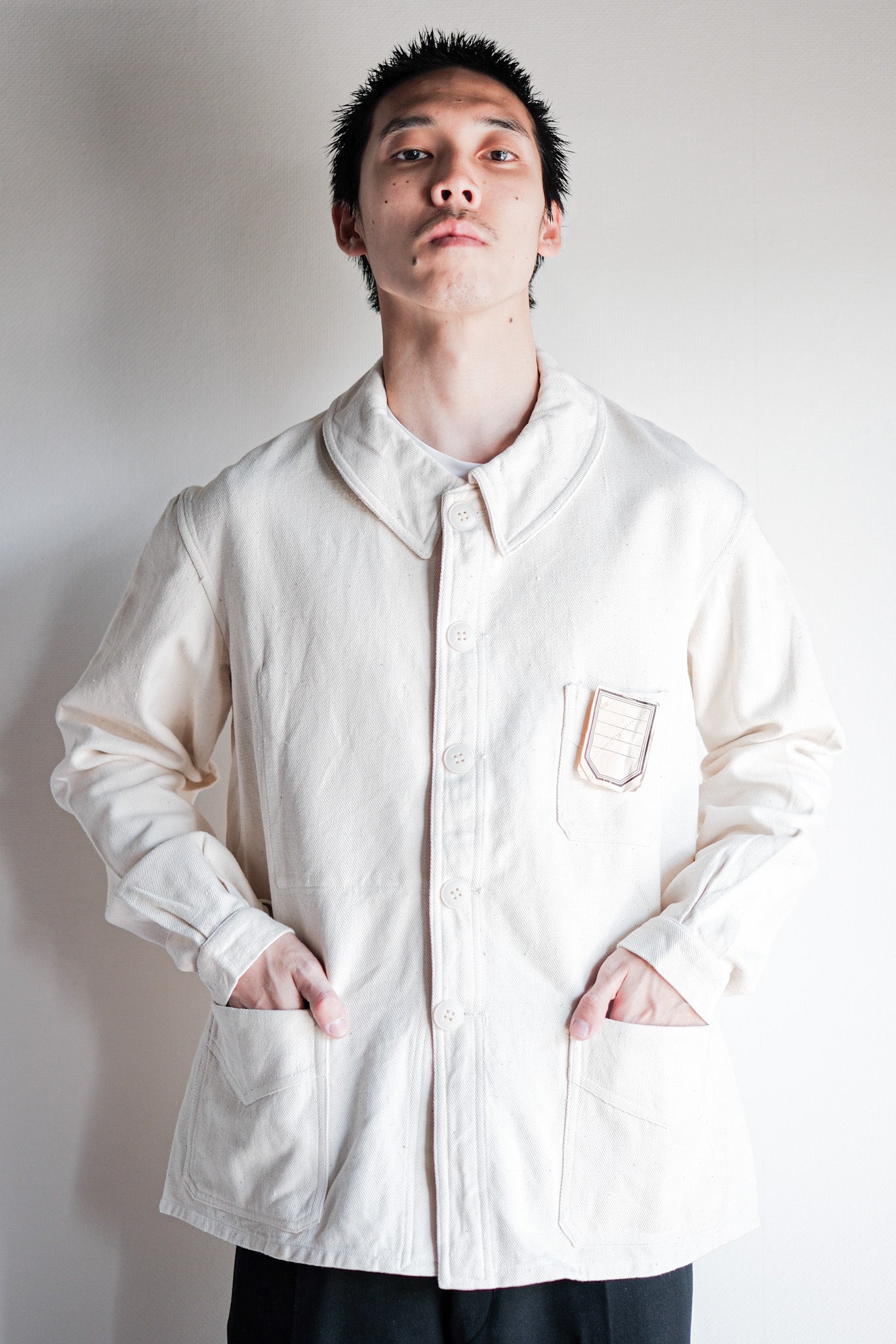 [~ 40's]Français vintage White Cotton Twill Work Jacket Taille.48 « Dead Stock »