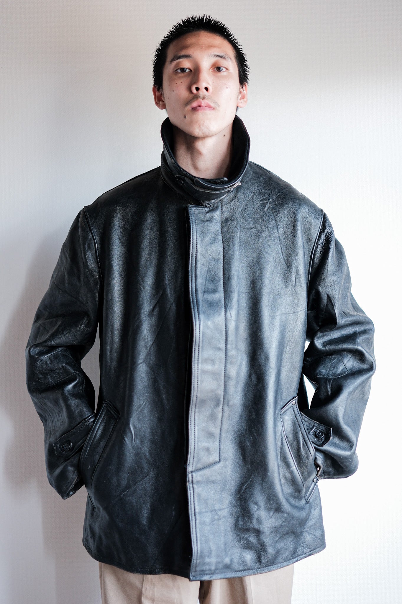 ［~60's］French Vintage Black Leather Work Jacket "Wool Collar"