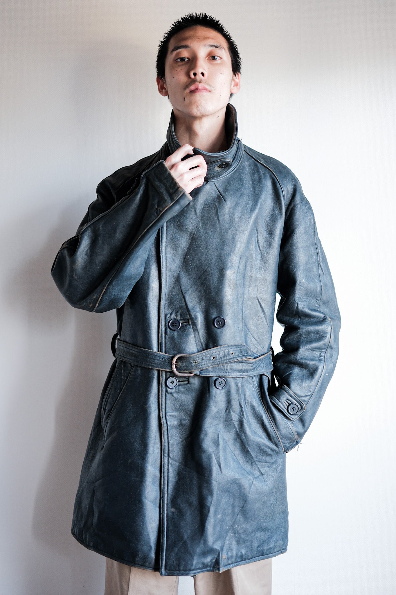 ［~50's］French Vintage Double Breasted Leather Work Coat With Chin Strap