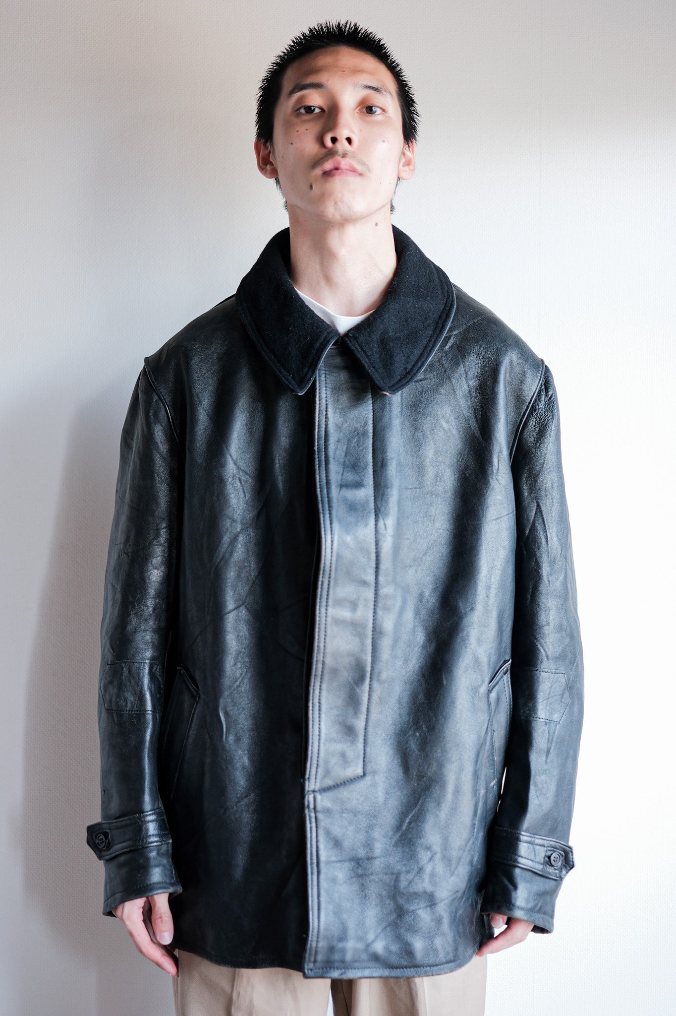 【~60's】French Vintage Black Leather Work Jacket "Wool Collar"