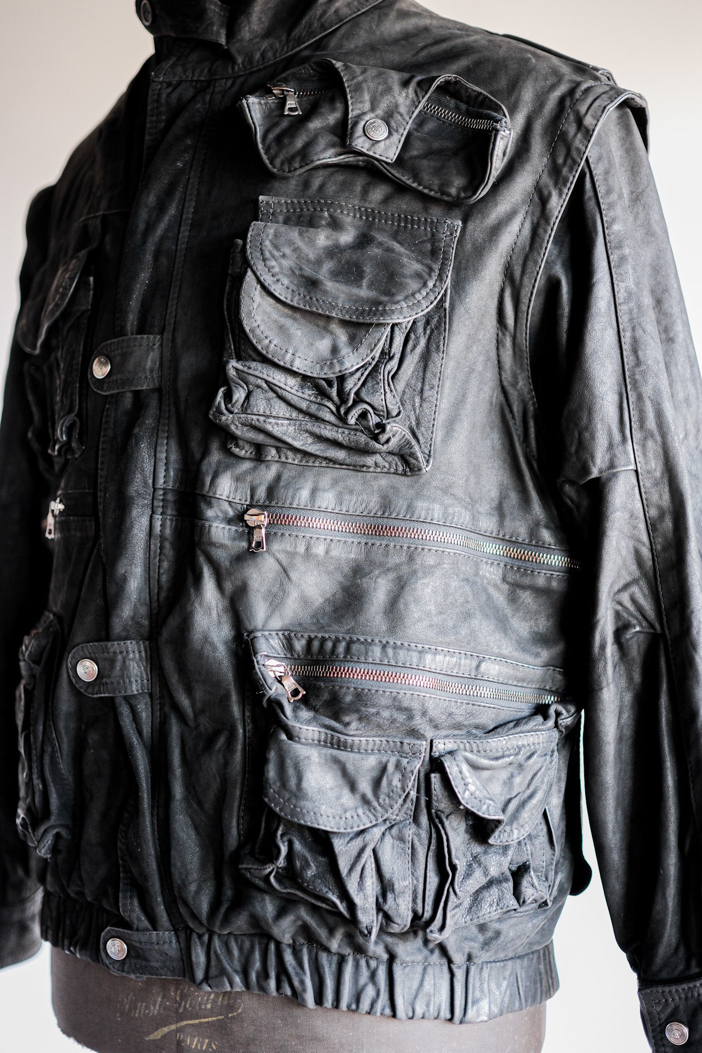［~90's］Old Renoma Paris Black Leather Detachable Sleeve Multi Pocket Jacket Size.M