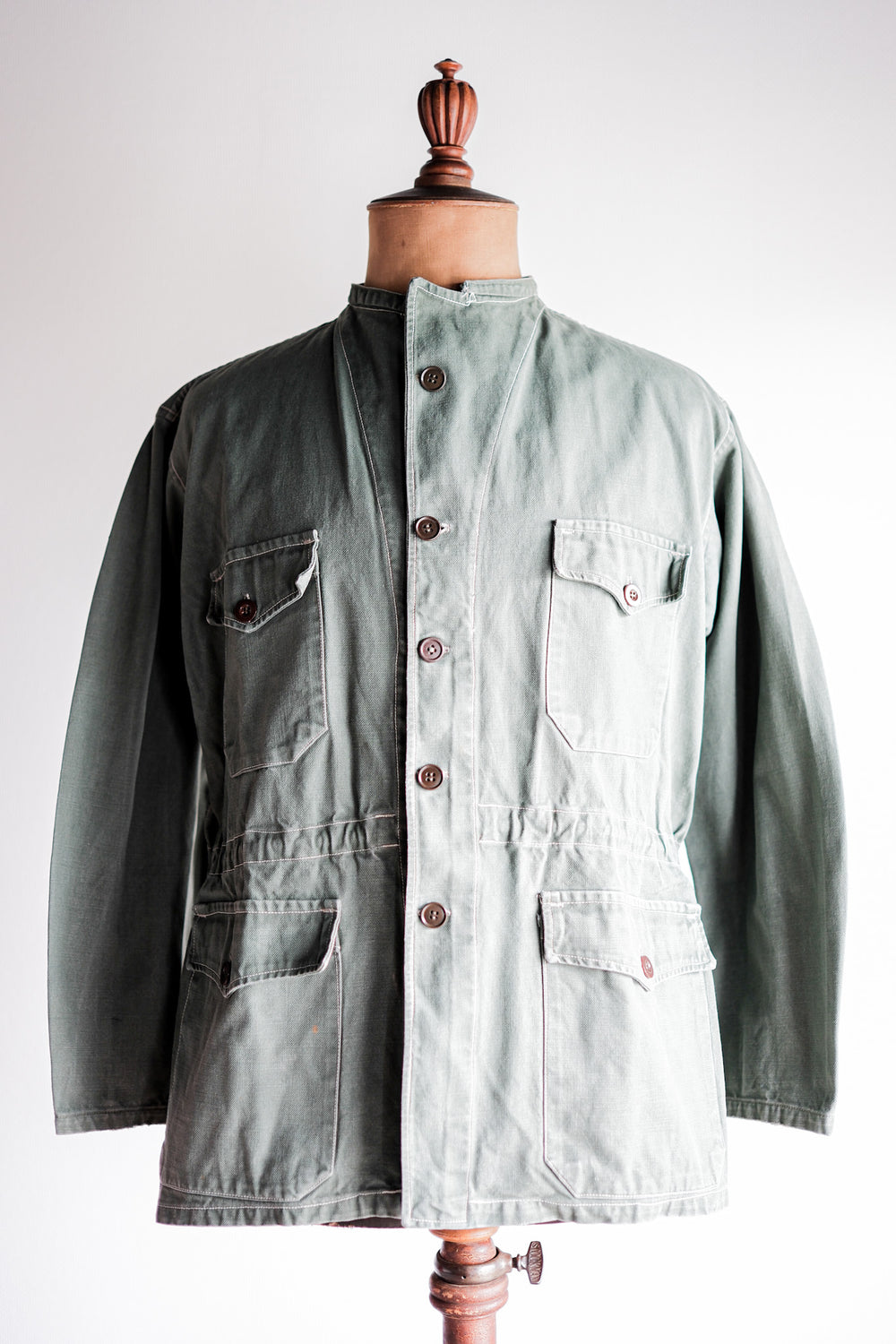 【~50's】French Vintage Green Cotton Twill 4 Pockets Work Jacket "Unusual Pattern"