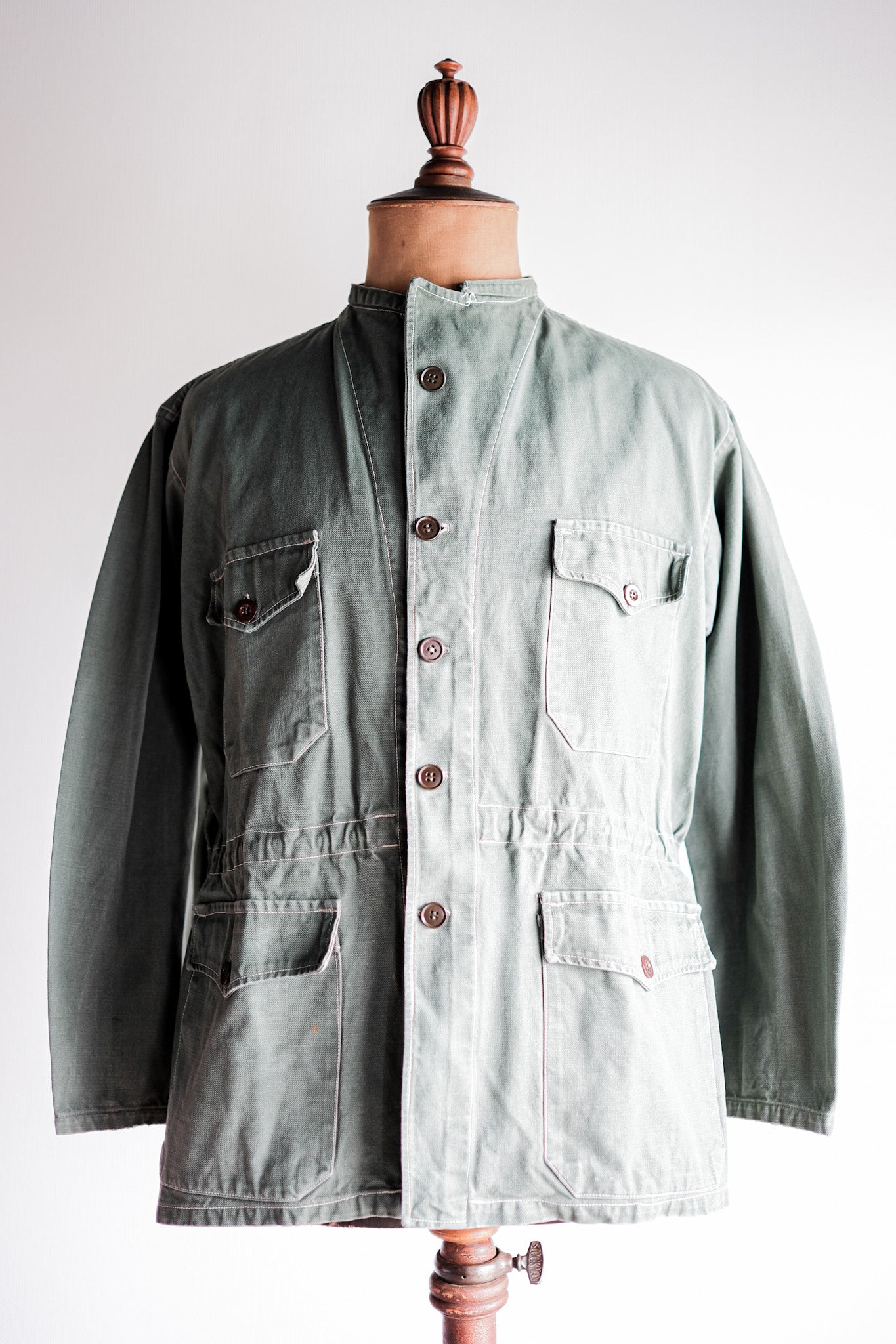 ［~50's］French Vintage Green Cotton Twill 4 Pockets Work Jacket "Unusual Pattern"