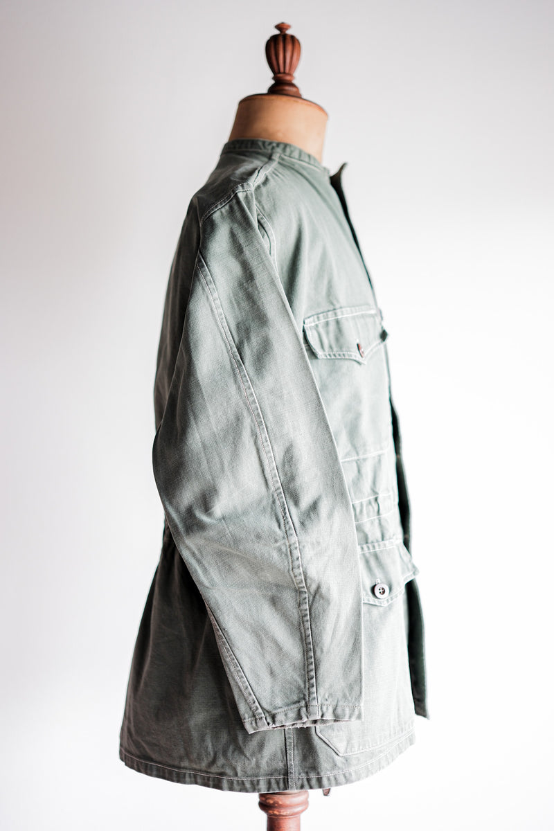 【~50's】French Vintage Green Cotton Twill 4 Pockets Work Jacket "Unusual Pattern"