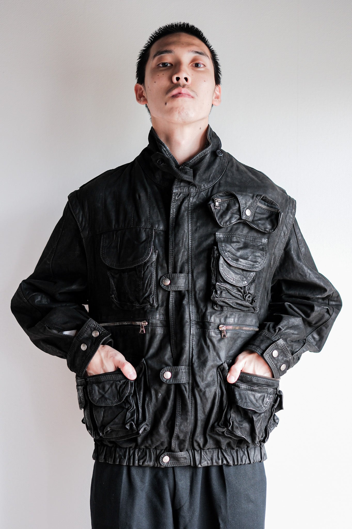 ［~90's］Old Renoma Paris Black Leather Detachable Sleeve Multi Pocket Jacket Size.M