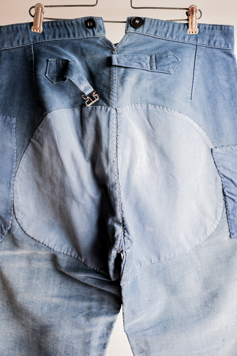 【~30's】French Vintage Blue Moleskin Work Pants "Patchwork"