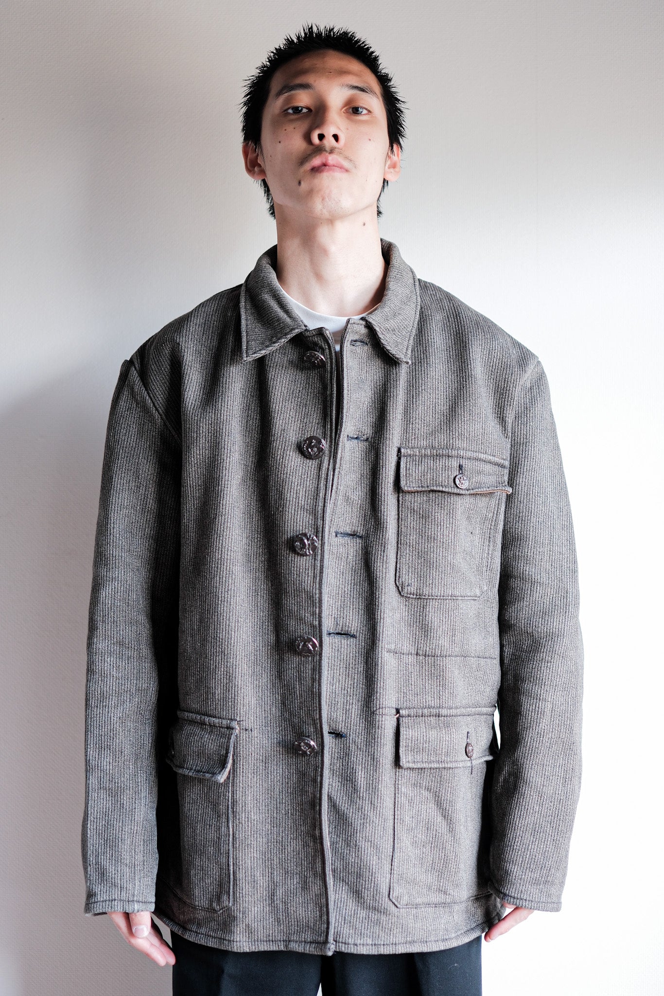 【~60's】French Vintage Brown Gray Salt & Pepper Cotton Pique Hunting Jacket "Le Mont St. Michel"