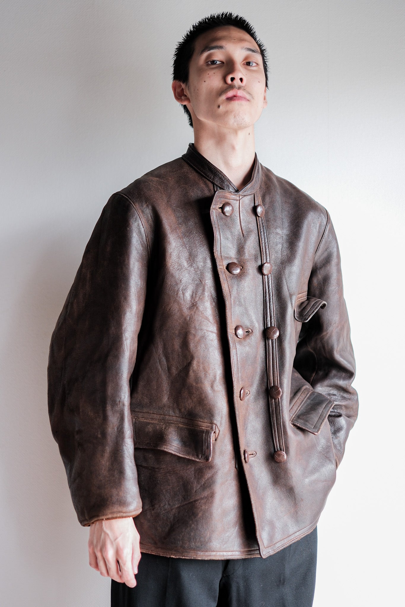 【~40's】Swedish Vintage Double Breasted Leather Jacket