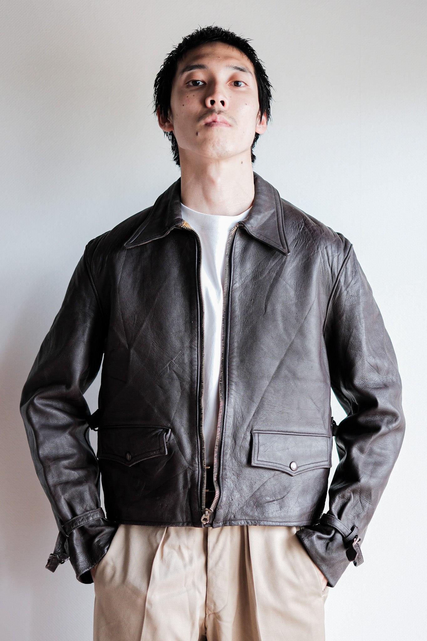 40's】French Vintage Brown Leather Cyclist Jacket 