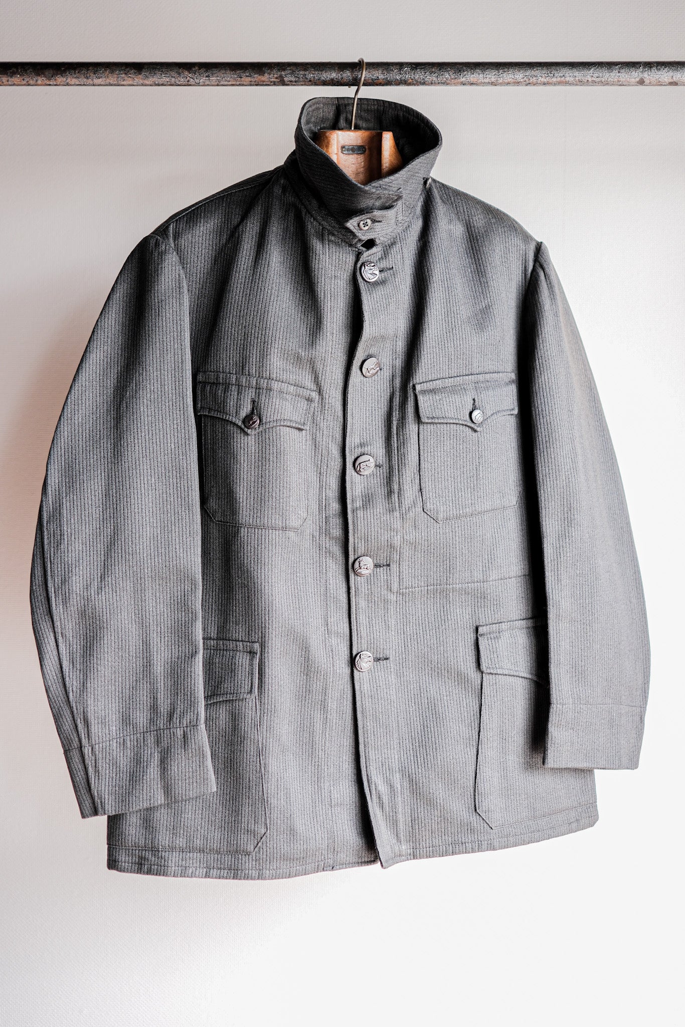 [~ 50's] French Vintage Gray Cotton Pique Hunting Jacket with China Strap "Dead Stock"