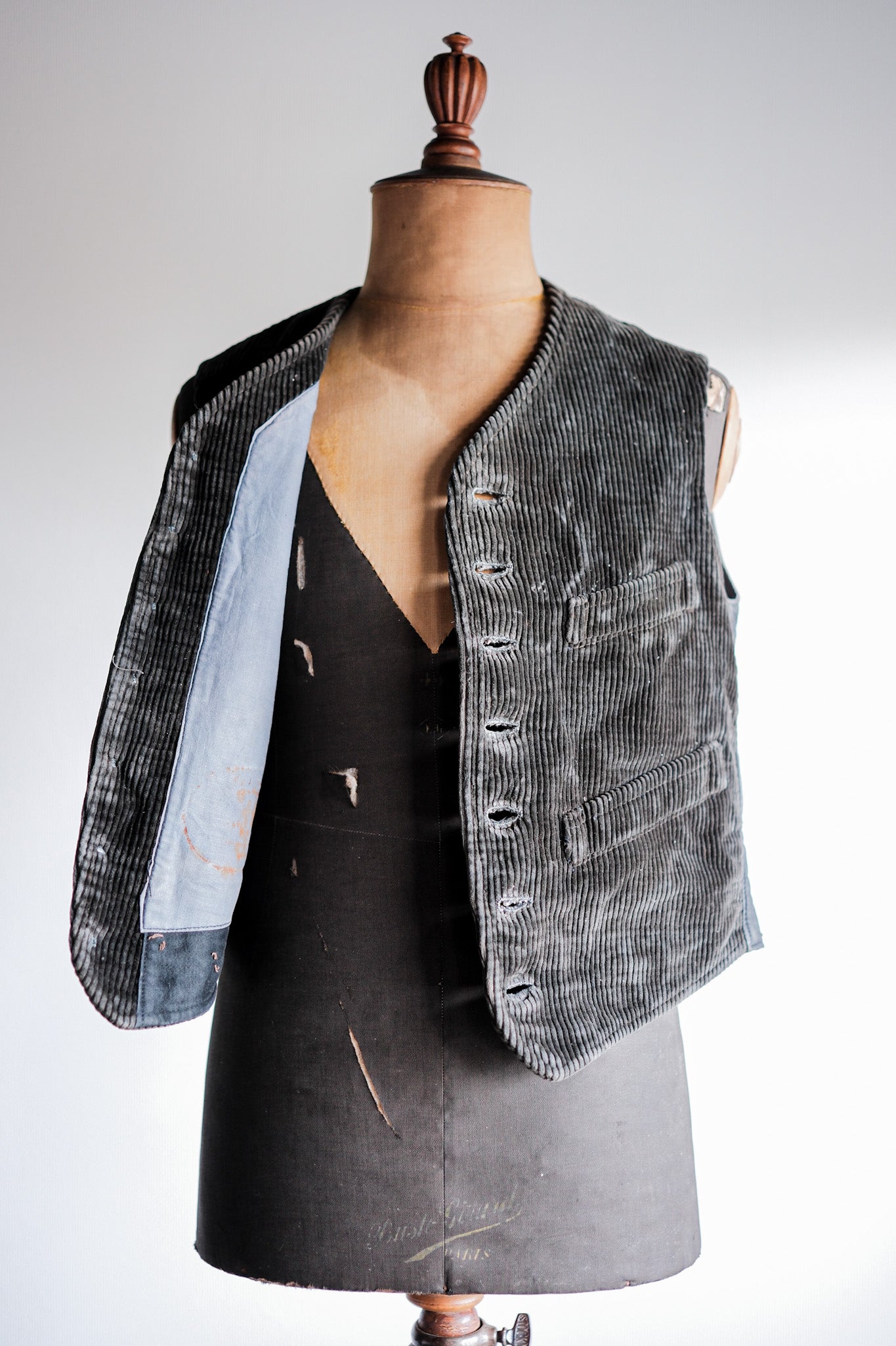 30's】French Vintage Dark Brown Corduroy Work Gilet 
