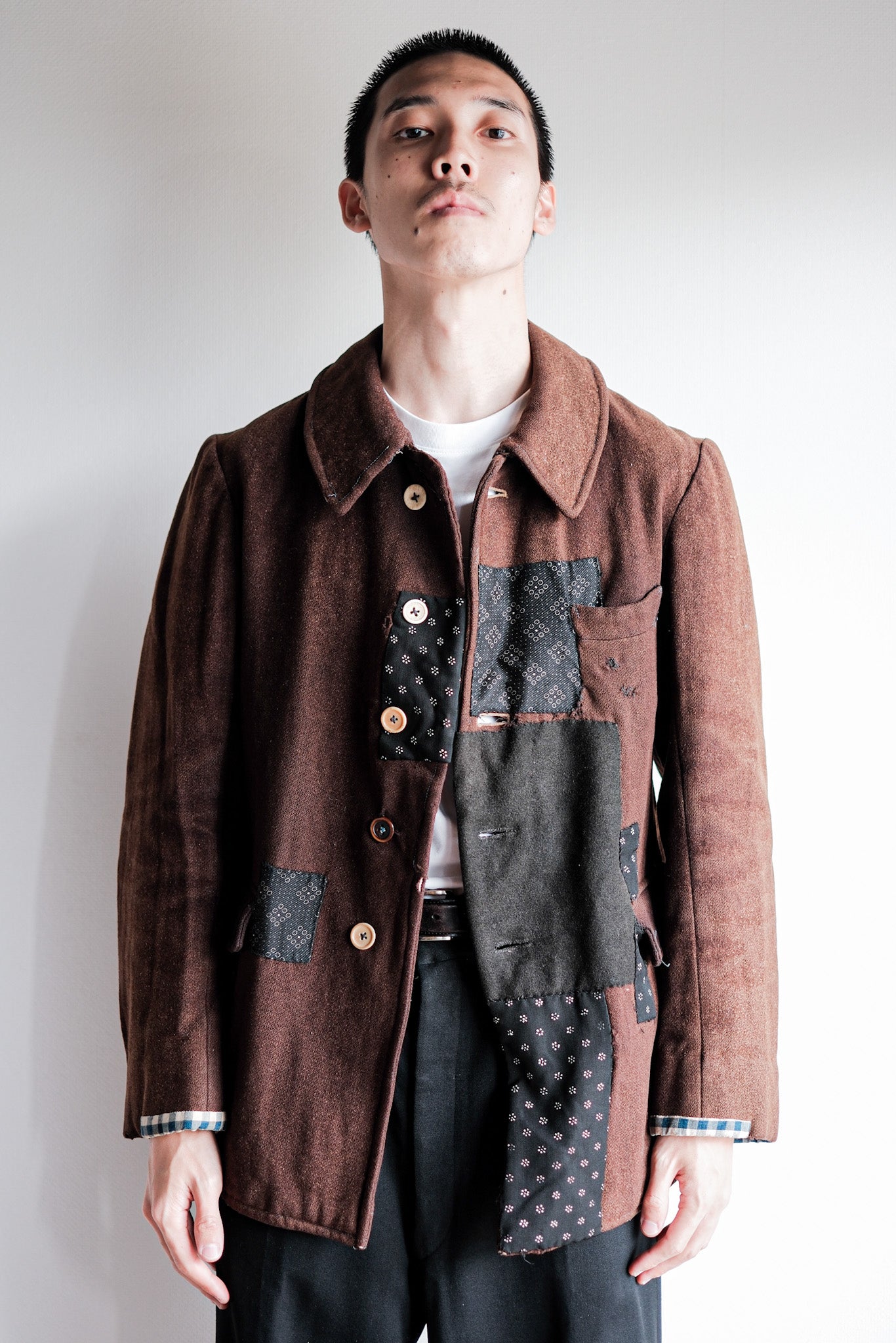 【~20's】French Vintage Brown Wool Work Jacket "Patchwork"