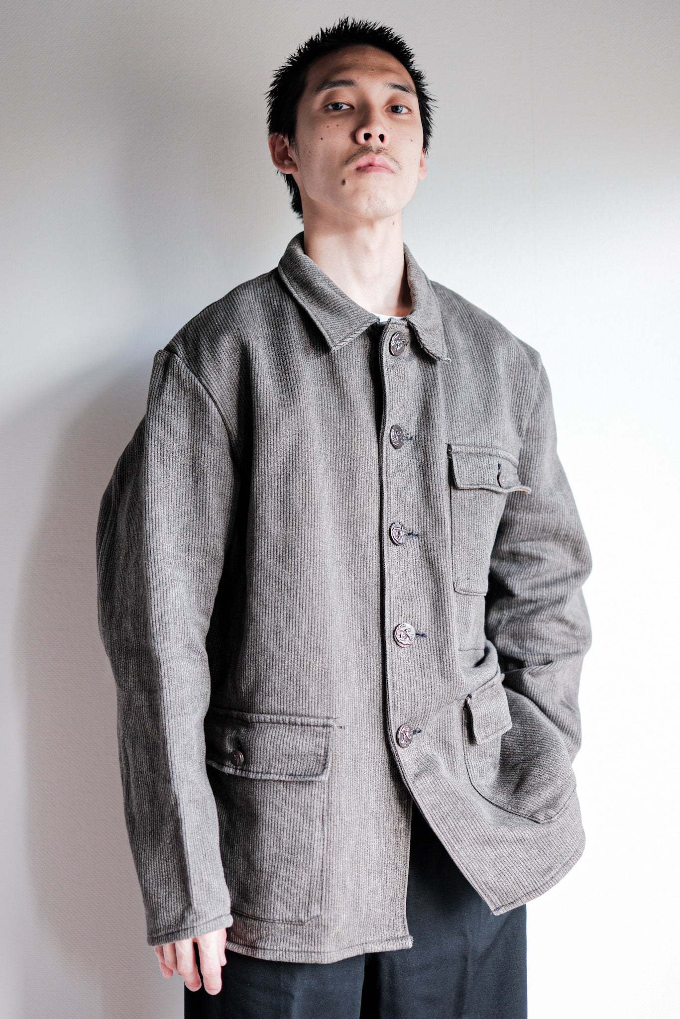 ［~60's］French Vintage Brown Gray Salt & Pepper Cotton Pique Hunting Jacket "Le Mont St. Michel"