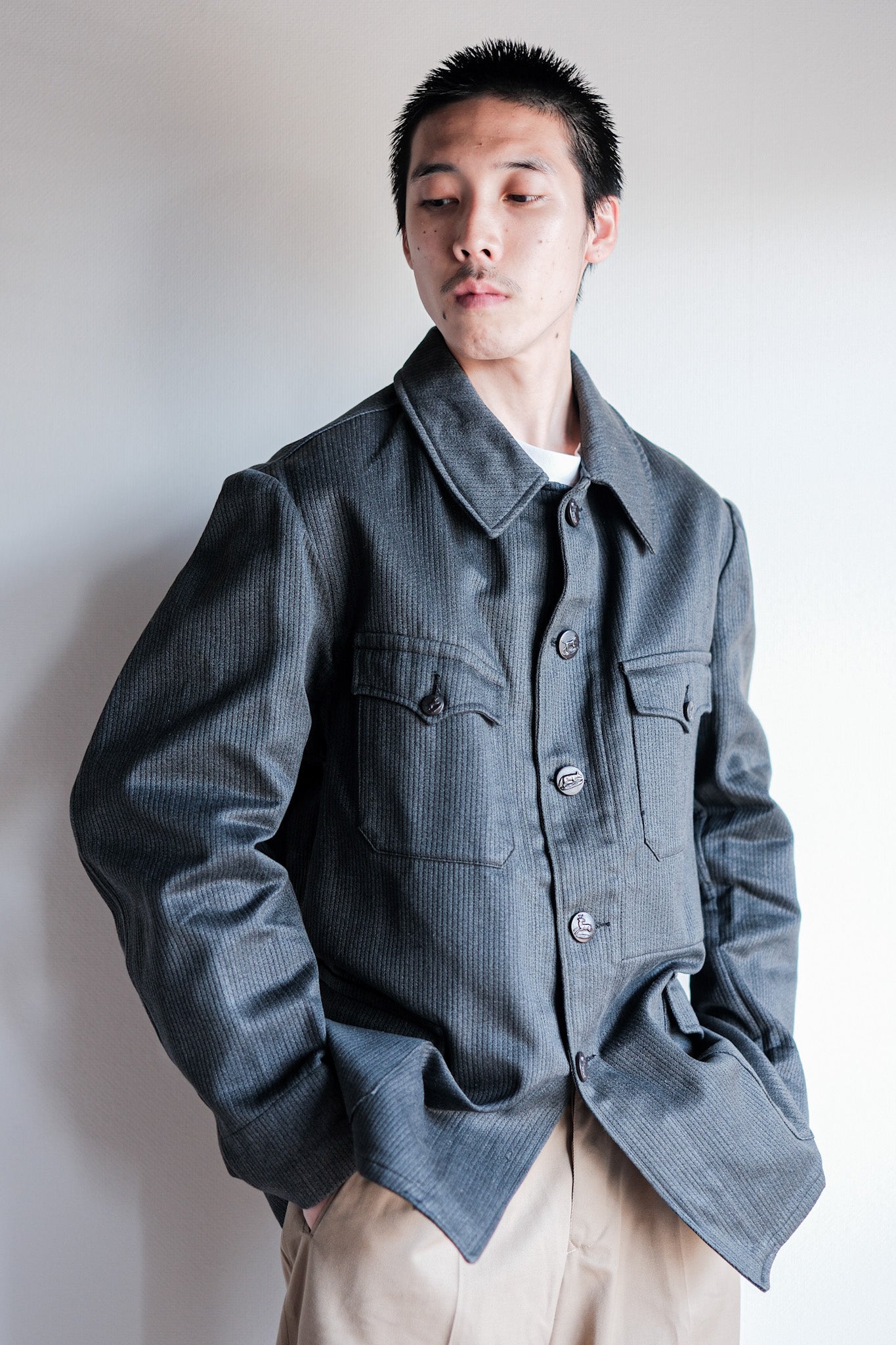 【~50's】French Vintage Gray Cotton Pique Hunting Jacket With Chin Strap "Dead Stock"