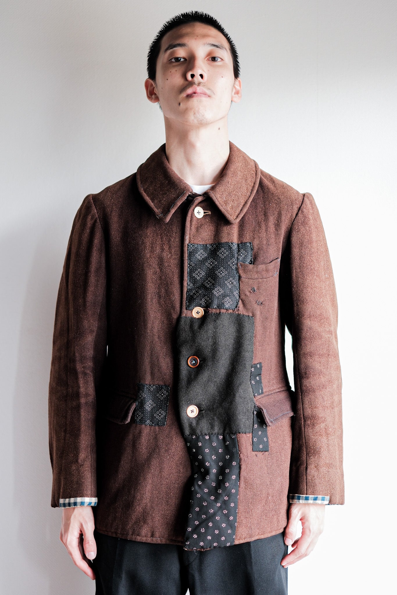 【~20's】French Vintage Brown Wool Work Jacket "Patchwork"