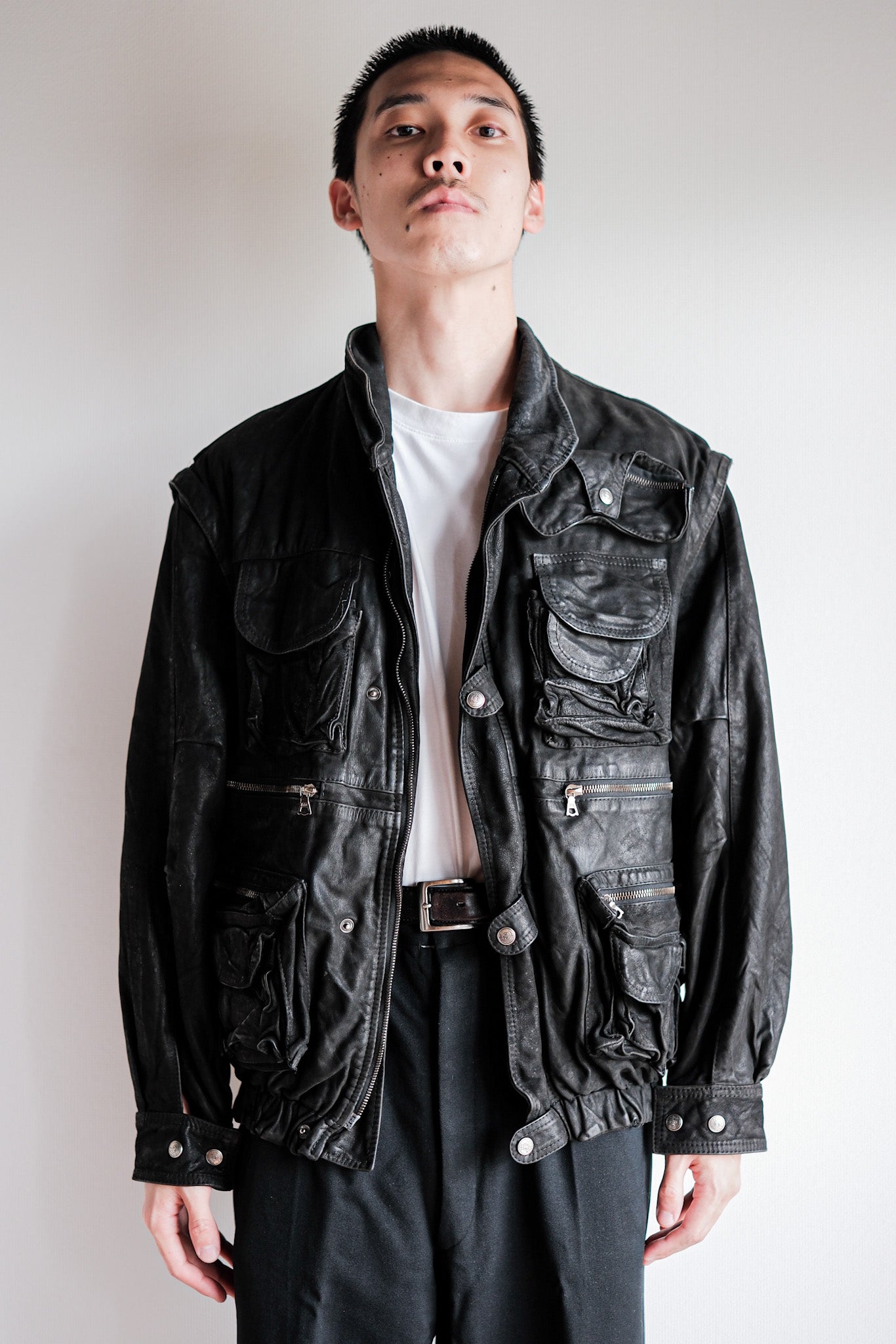 ［~90's］Old Renoma Paris Black Leather Detachable Sleeve Multi Pocket Jacket Size.M
