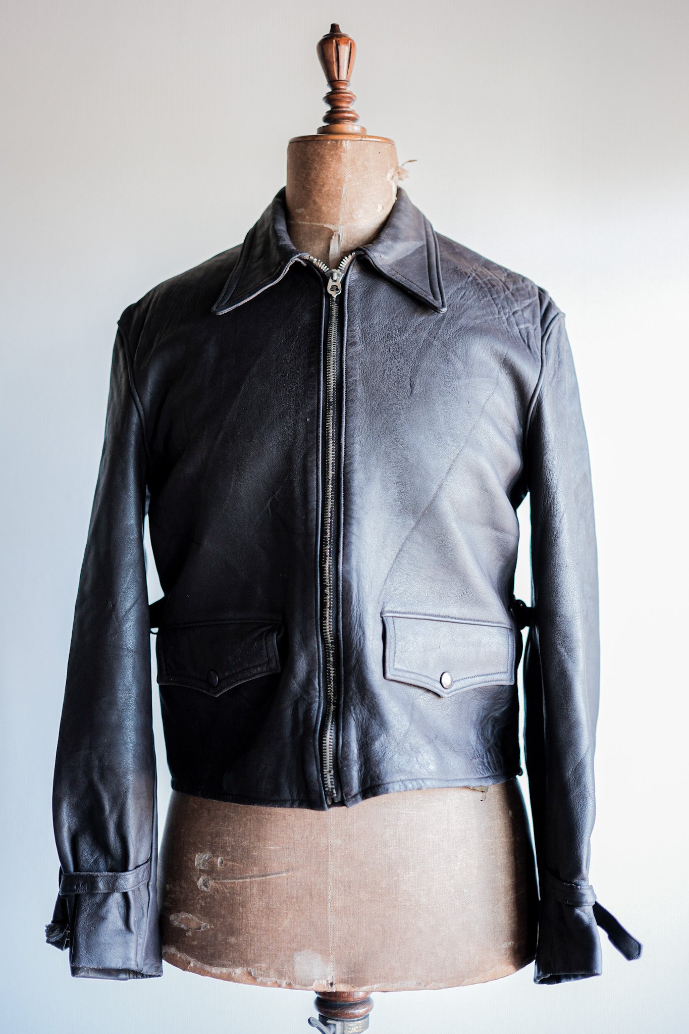 40's】French Vintage Brown Leather Cyclist Jacket 