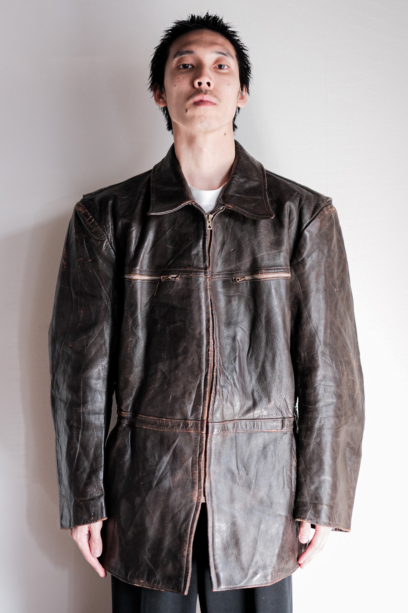 [~ 50's] French Vintage Cyclist Leather Veste Taille.52 "Adolphe Lafont"