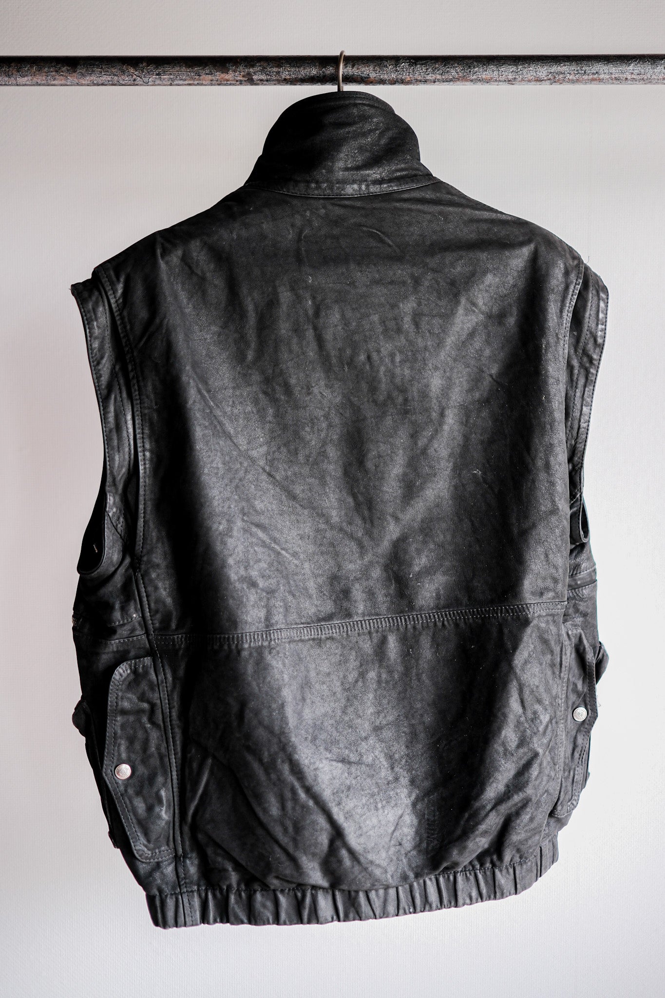 ［~90's］Old Renoma Paris Black Leather Detachable Sleeve Multi Pocket Jacket Size.M