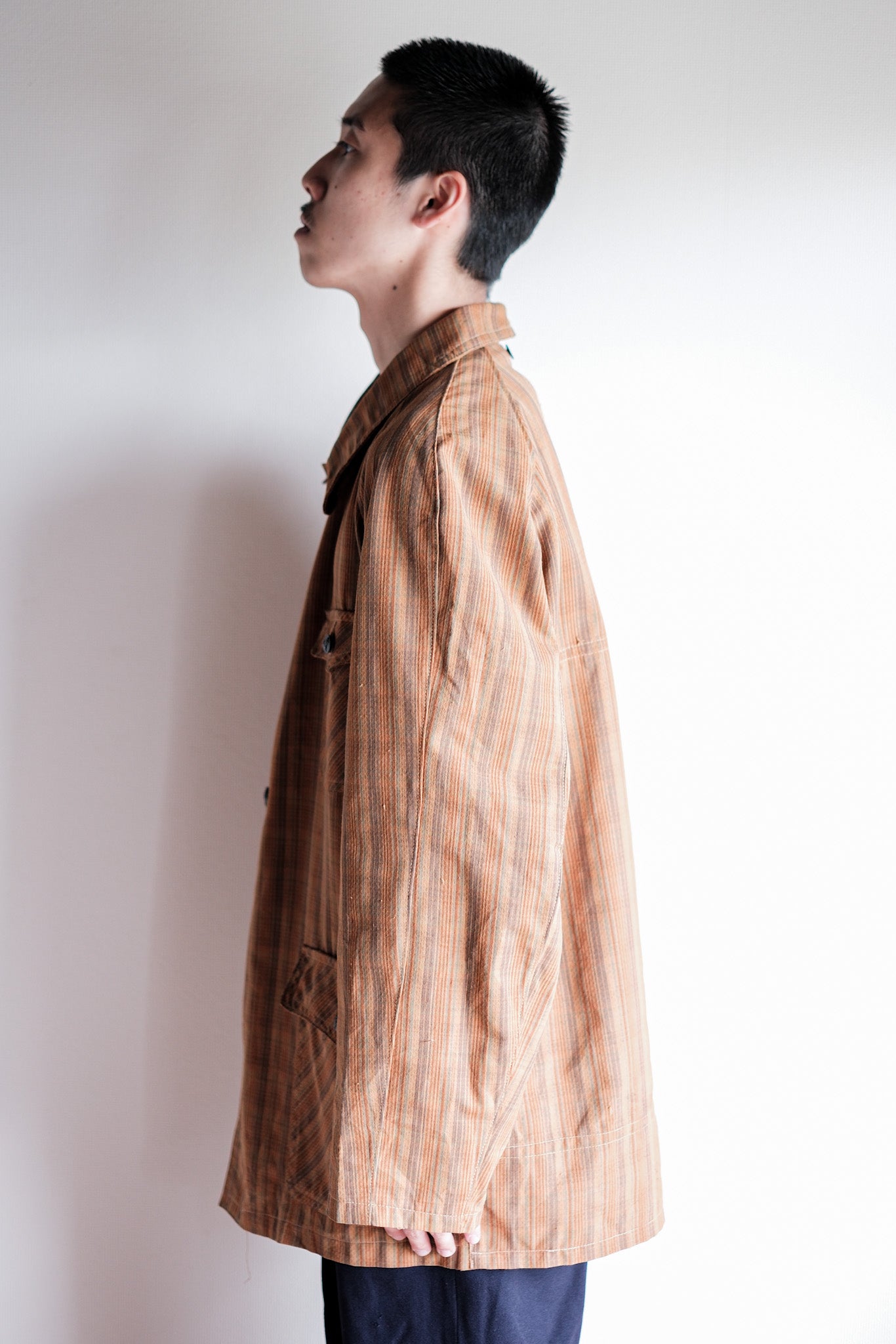 【~50's】French Vintage Brown Cotton Striped Raglan Sleeve Hunting Jacket With Chin Strap "Unusual Pattern"