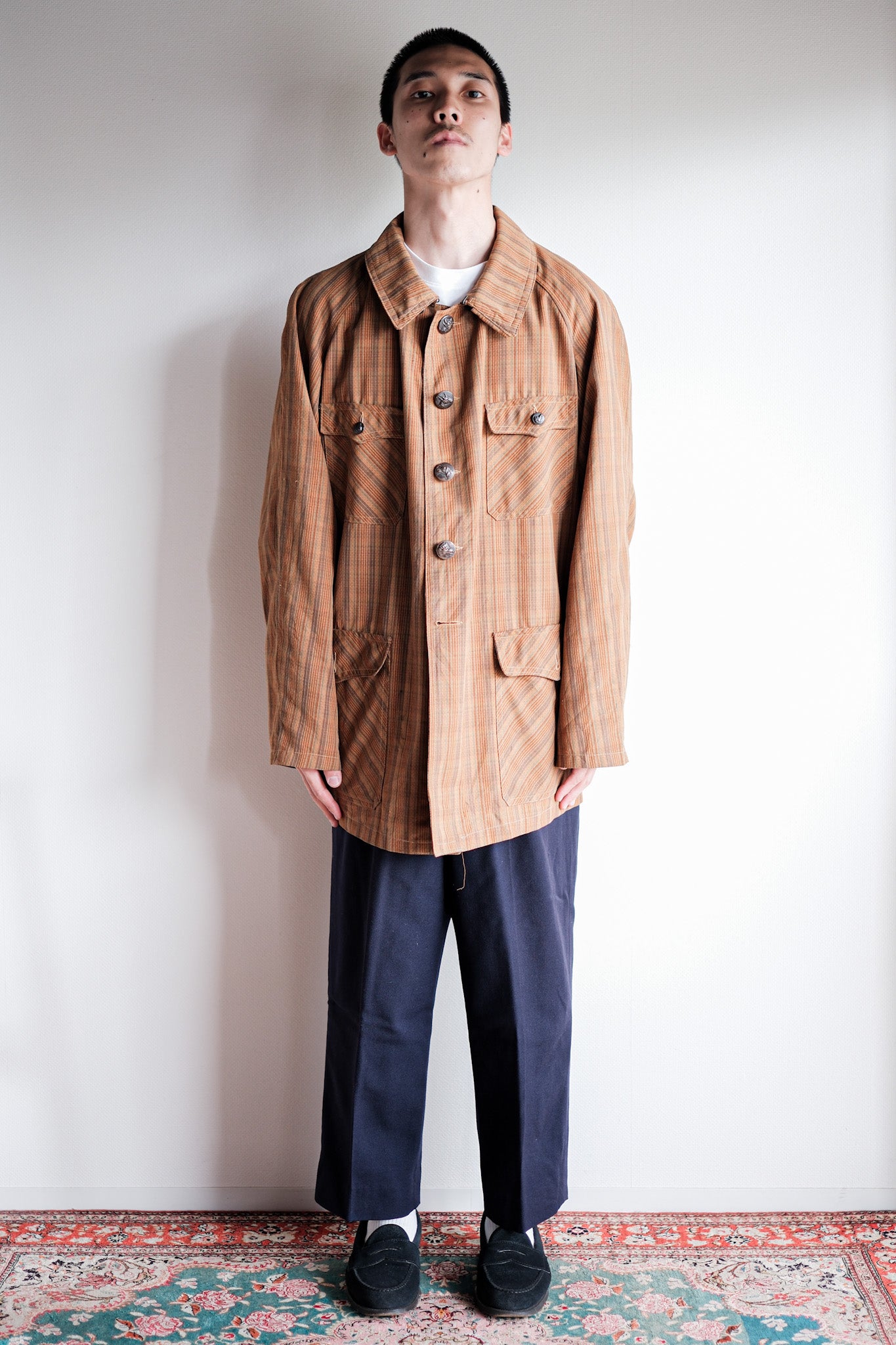 [~ 50's] French Vintage Brown Cotton Striped Raglan Sleeve Hunting Jacket with China Strap "Unusual Pattern"