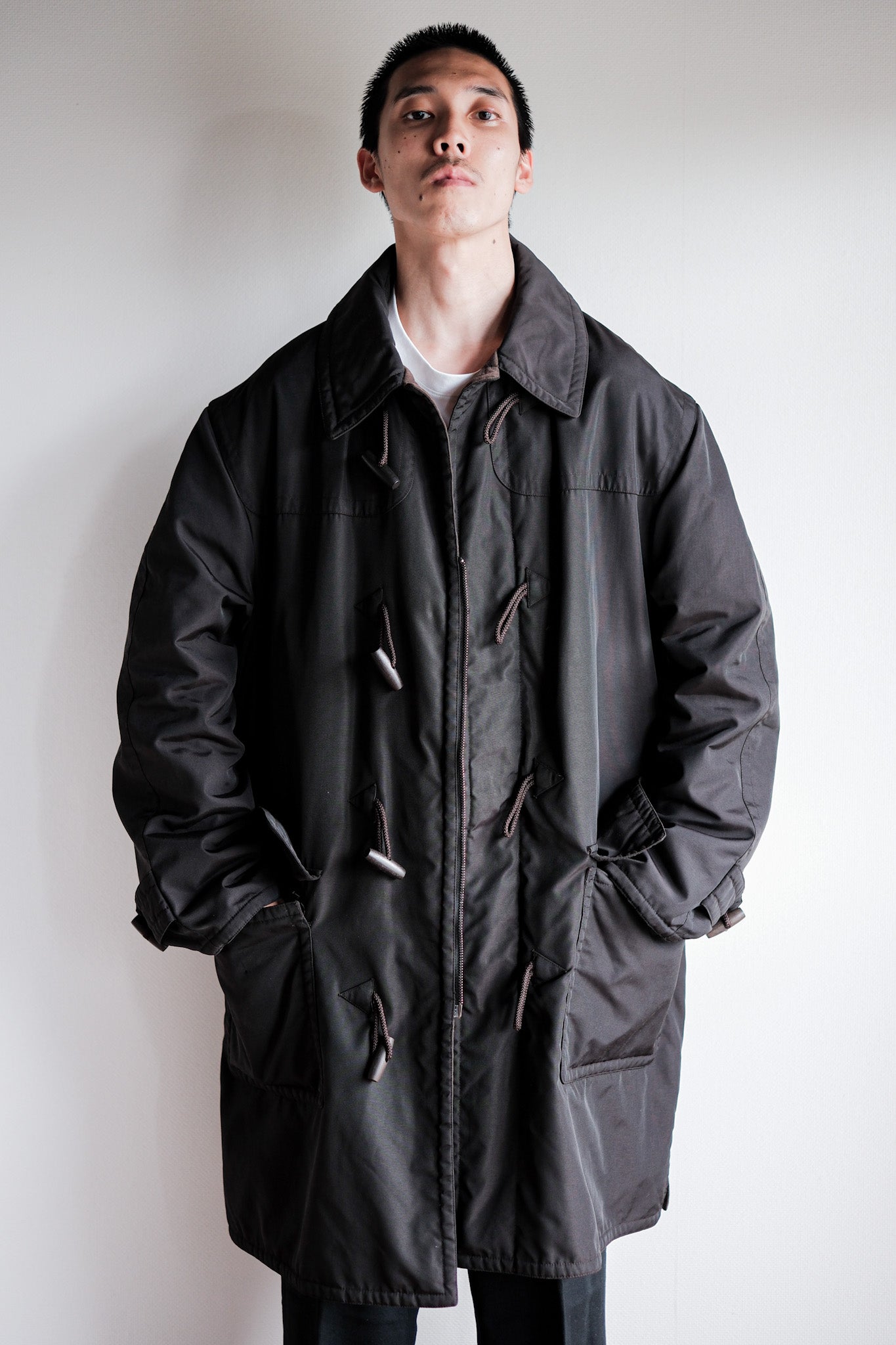 [~90's] Old Hermès Paris Dark Brown Polyamide Duffle Coat Size.54