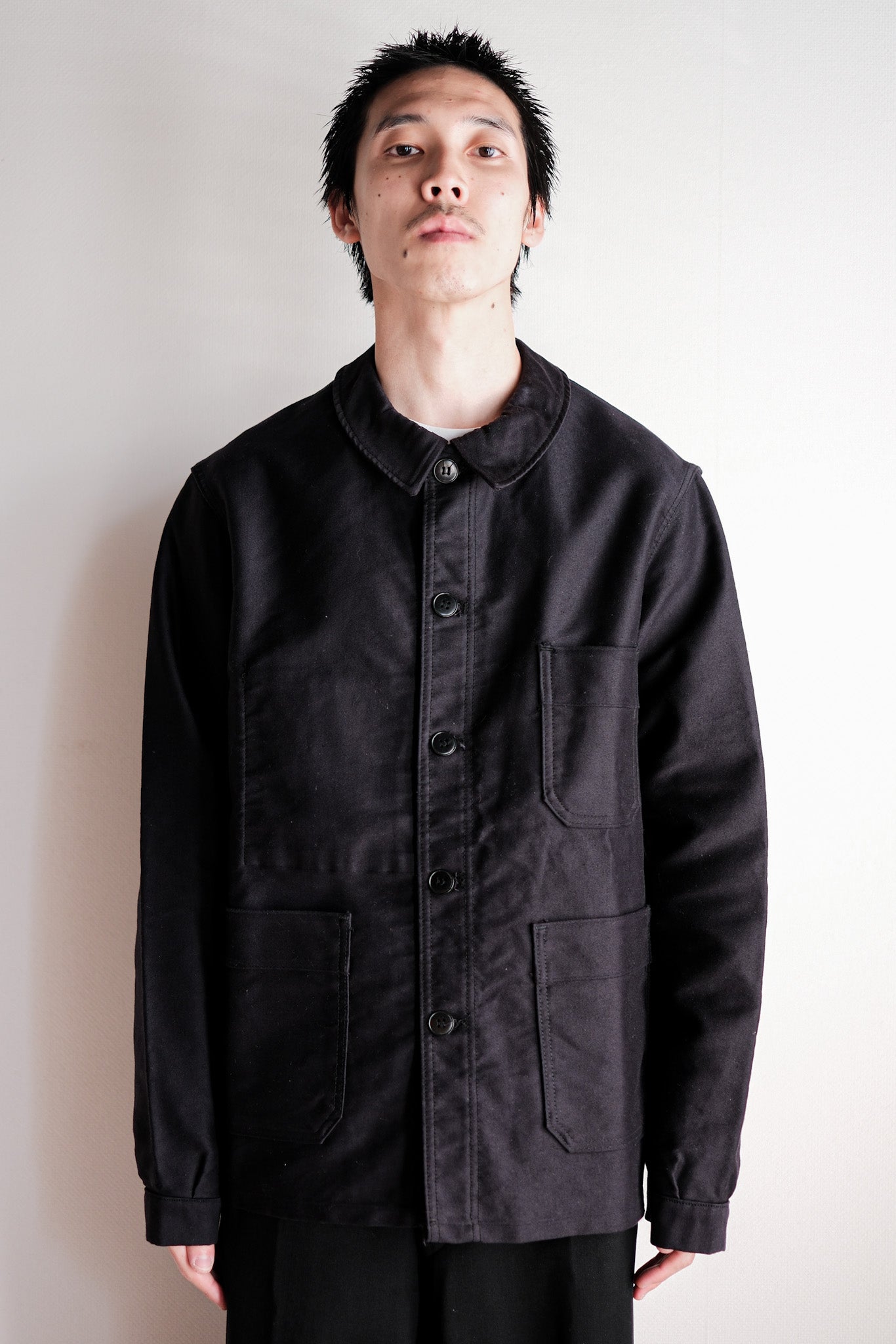 [~ 60's] French Vintage Black Moleskin Work Jacket Size.50 "Le Mont Stockel" "DEAD STOCK"