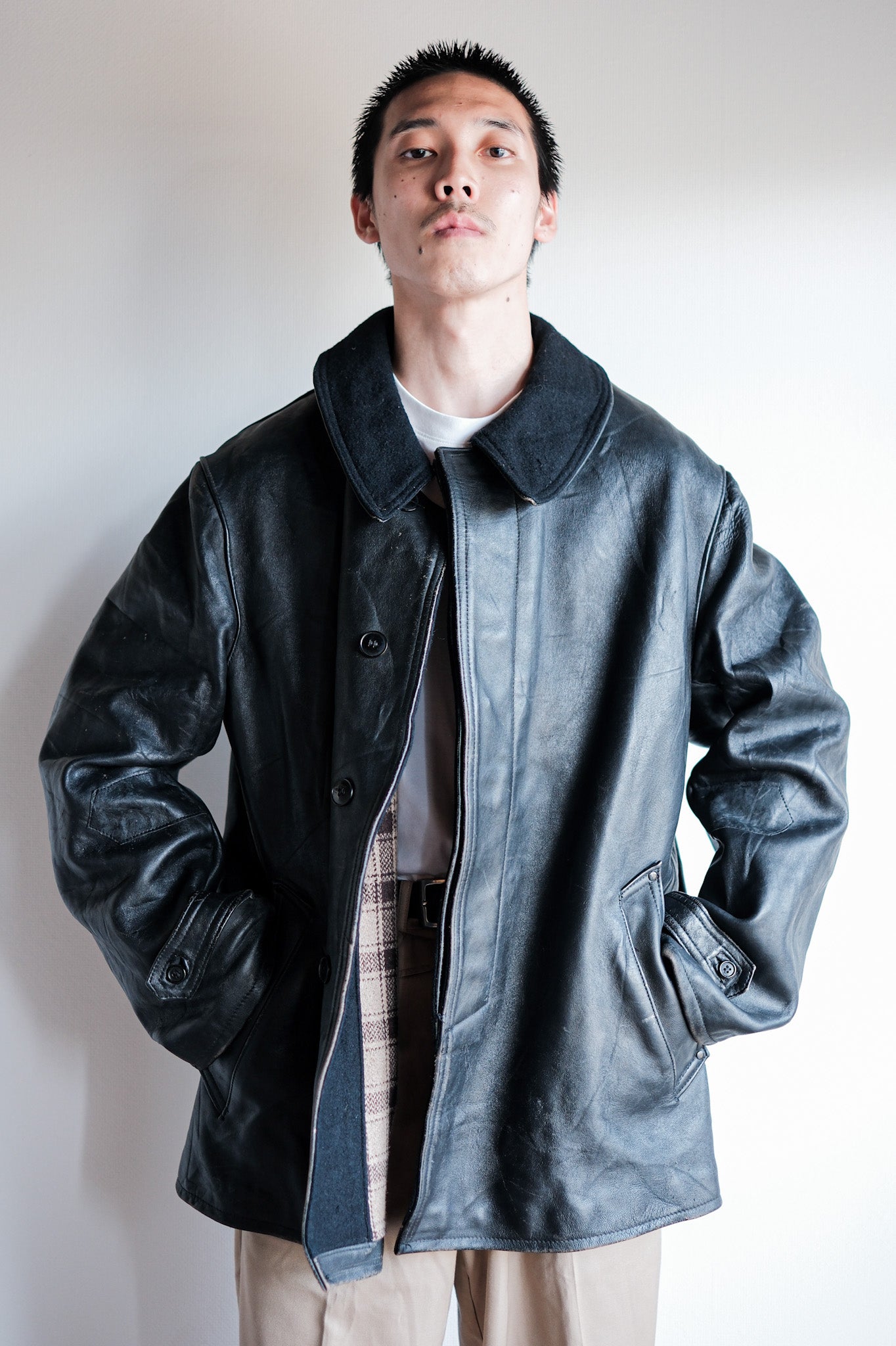 ［~60's］French Vintage Black Leather Work Jacket "Wool Collar"