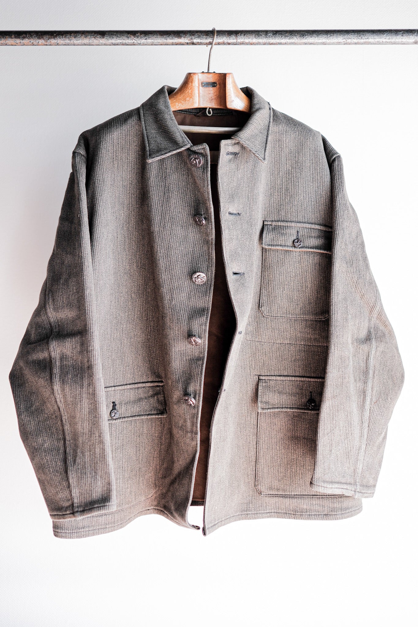 【~60's】French Vintage Brown Salt & Pepper Cotton Pique Hunting Jacket Size.56 "Le Mont St. Michel"