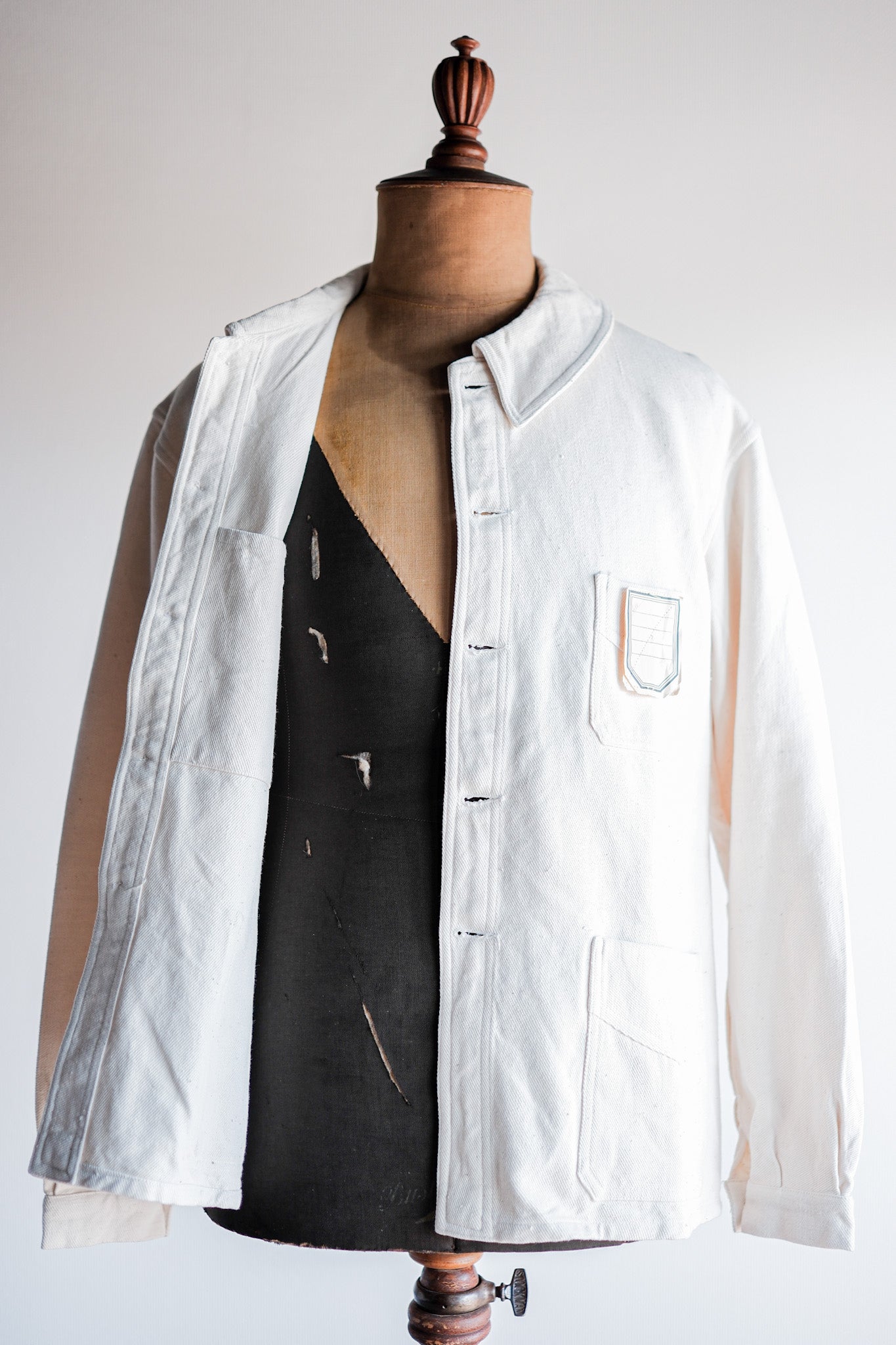 [~ 40's]Français vintage White Cotton Twill Work Jacket Taille.48 « Dead Stock »