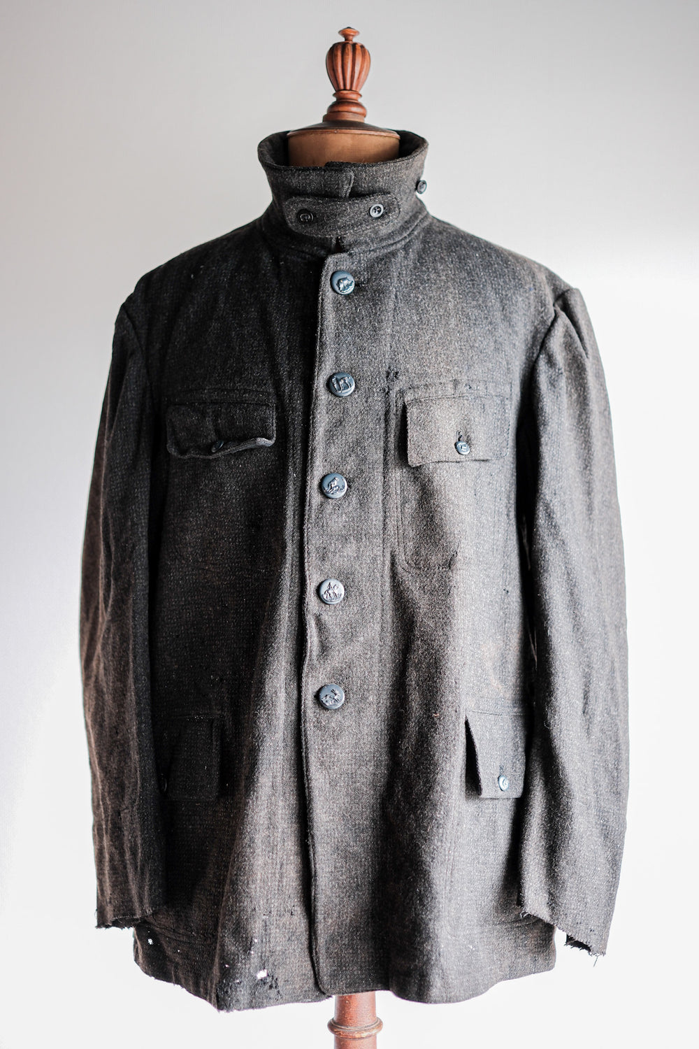 ［~30's］French Vintage Gray Wool Hunting Jacket With Chin Strap "Boro"
