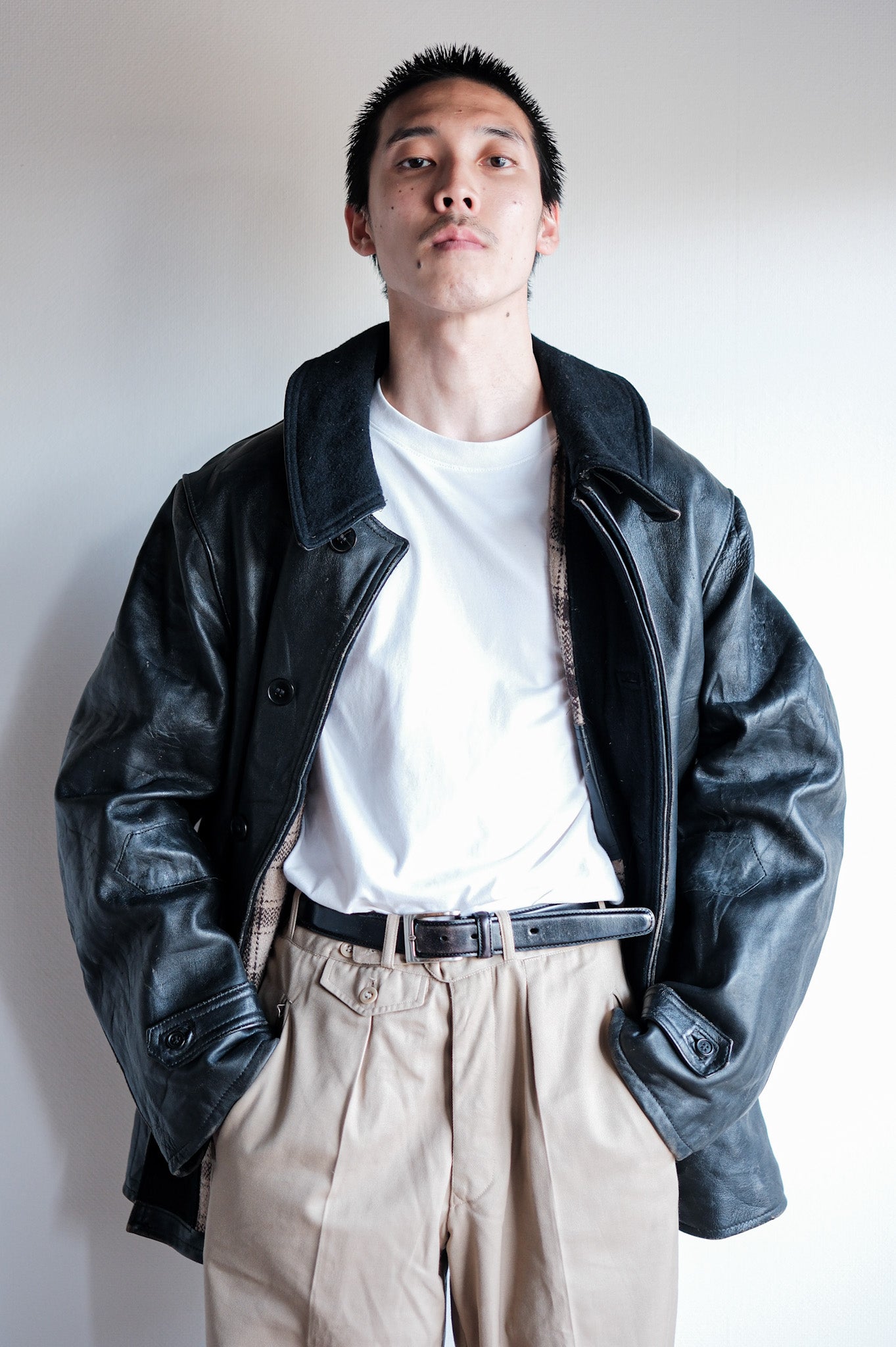 ［~60's］French Vintage Black Leather Work Jacket "Wool Collar"