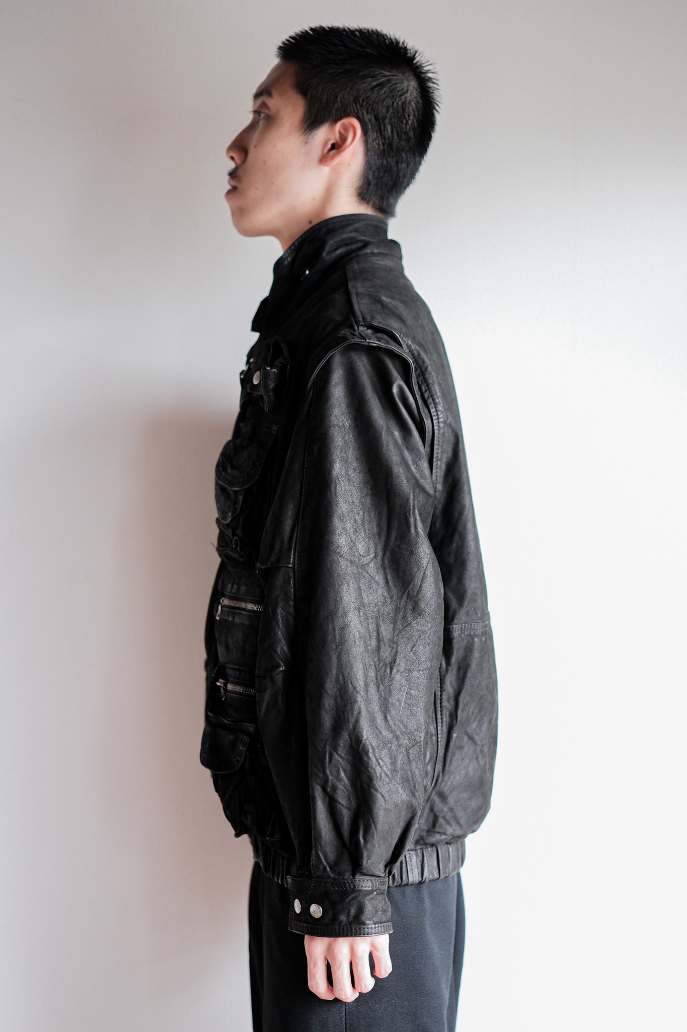 ［~90's］Old Renoma Paris Black Leather Detachable Sleeve Multi Pocket Jacket Size.M