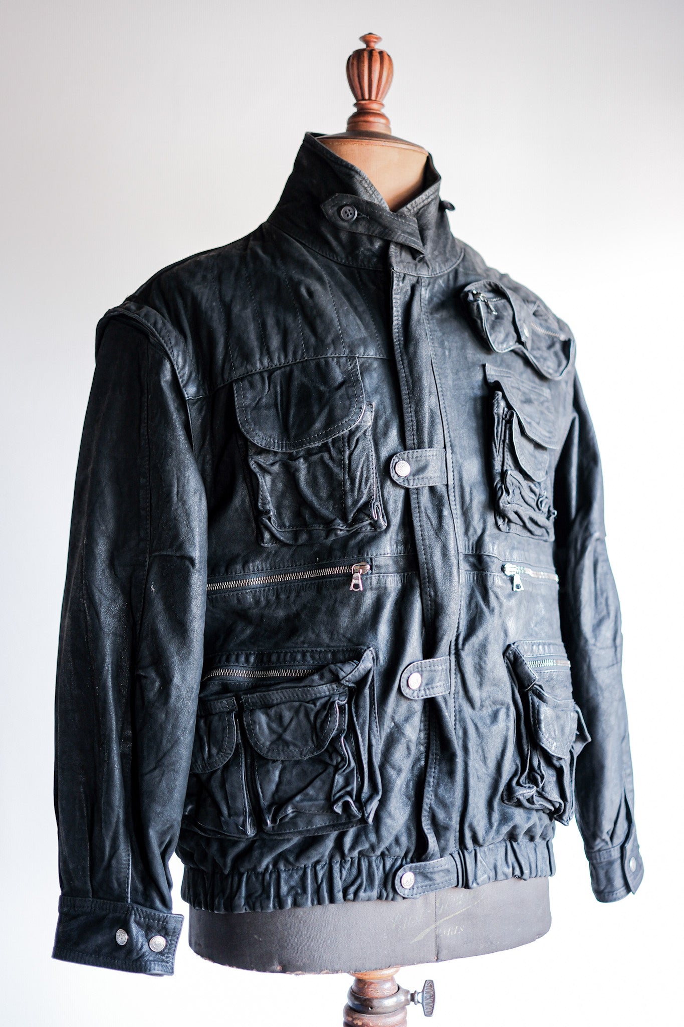 ［~90's］Old Renoma Paris Black Leather Detachable Sleeve Multi Pocket Jacket Size.M