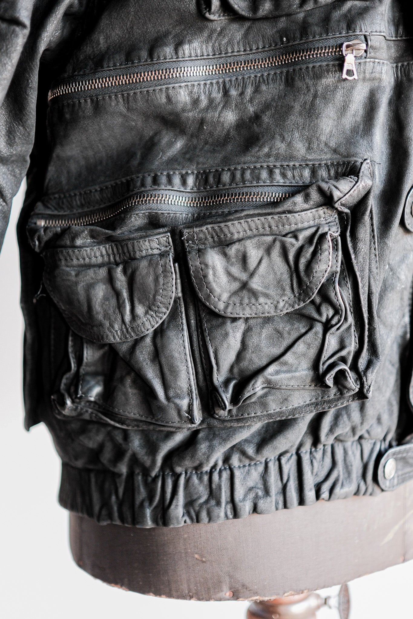 ［~90's］Old Renoma Paris Black Leather Detachable Sleeve Multi Pocket Jacket Size.M