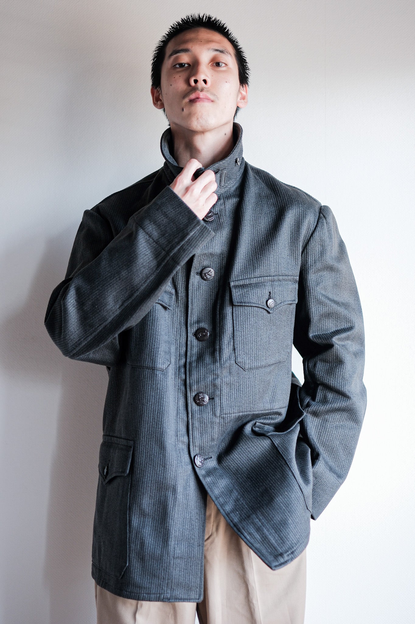 ［~50's］French Vintage Gray Cotton Pique Hunting Jacket With Chin Strap "Dead Stock"