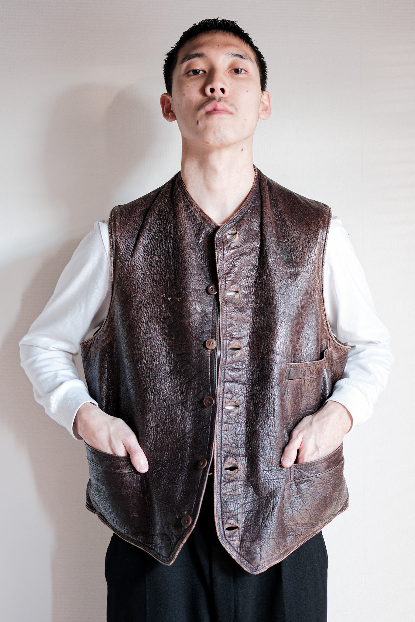 ［~40's］French Vintage Brown Leather Work Gilet