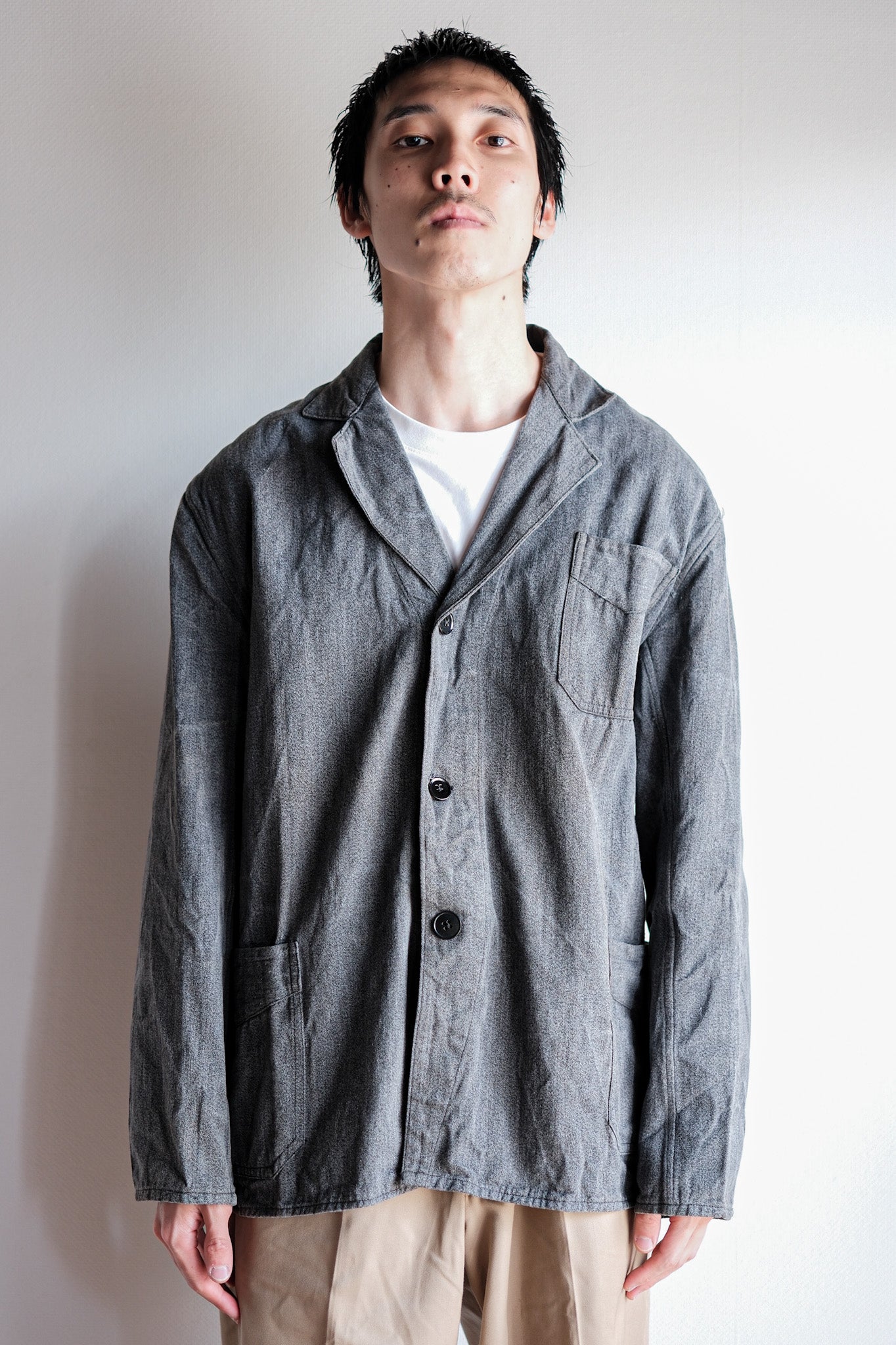 ［~40’s］French Vintage Salt & Pepper Cotton Lapel Work Jacket