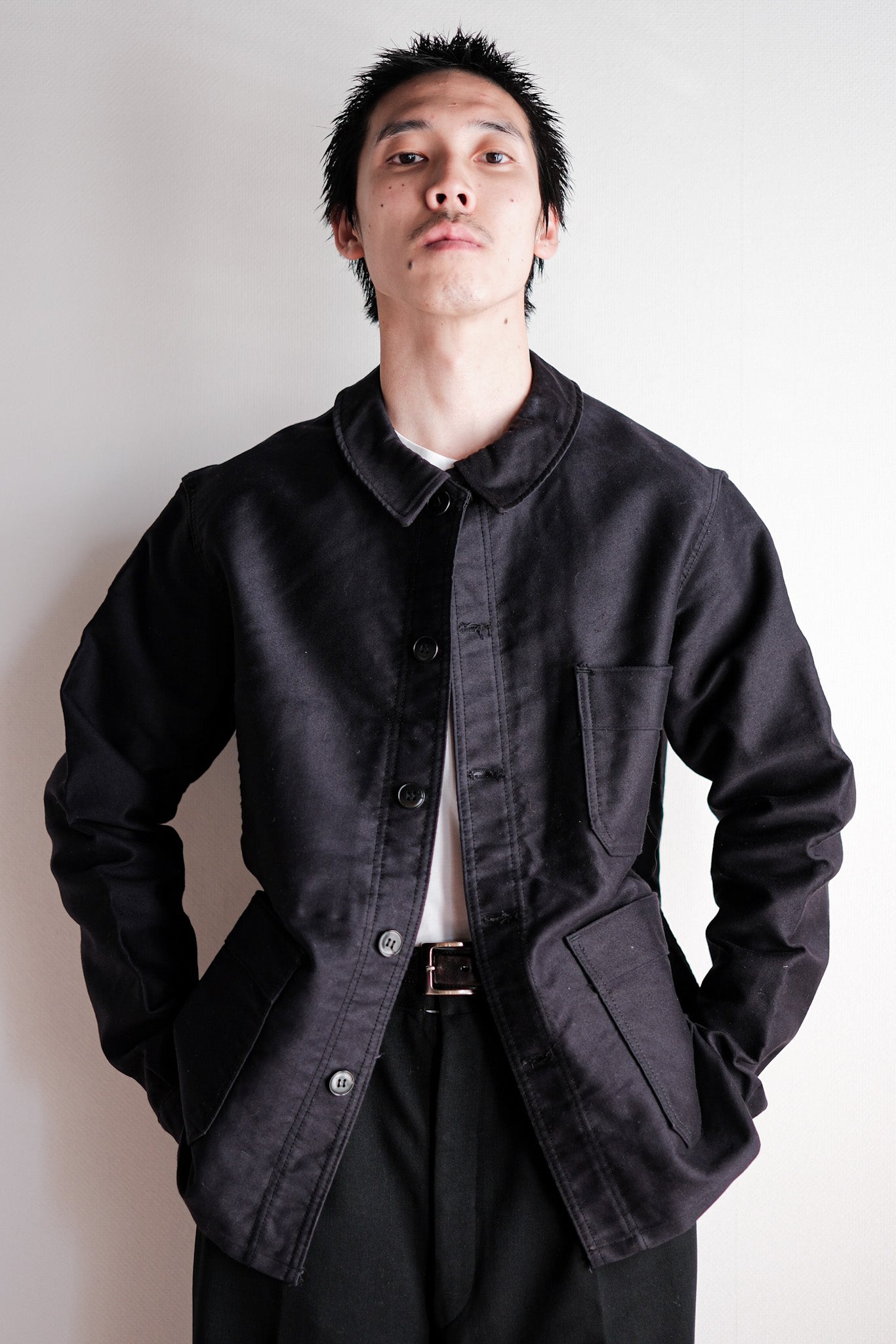 [~ 60's] French Vintage Black Moleskin Work Jacket Size.50 "Le Mont Stockel" "DEAD STOCK"