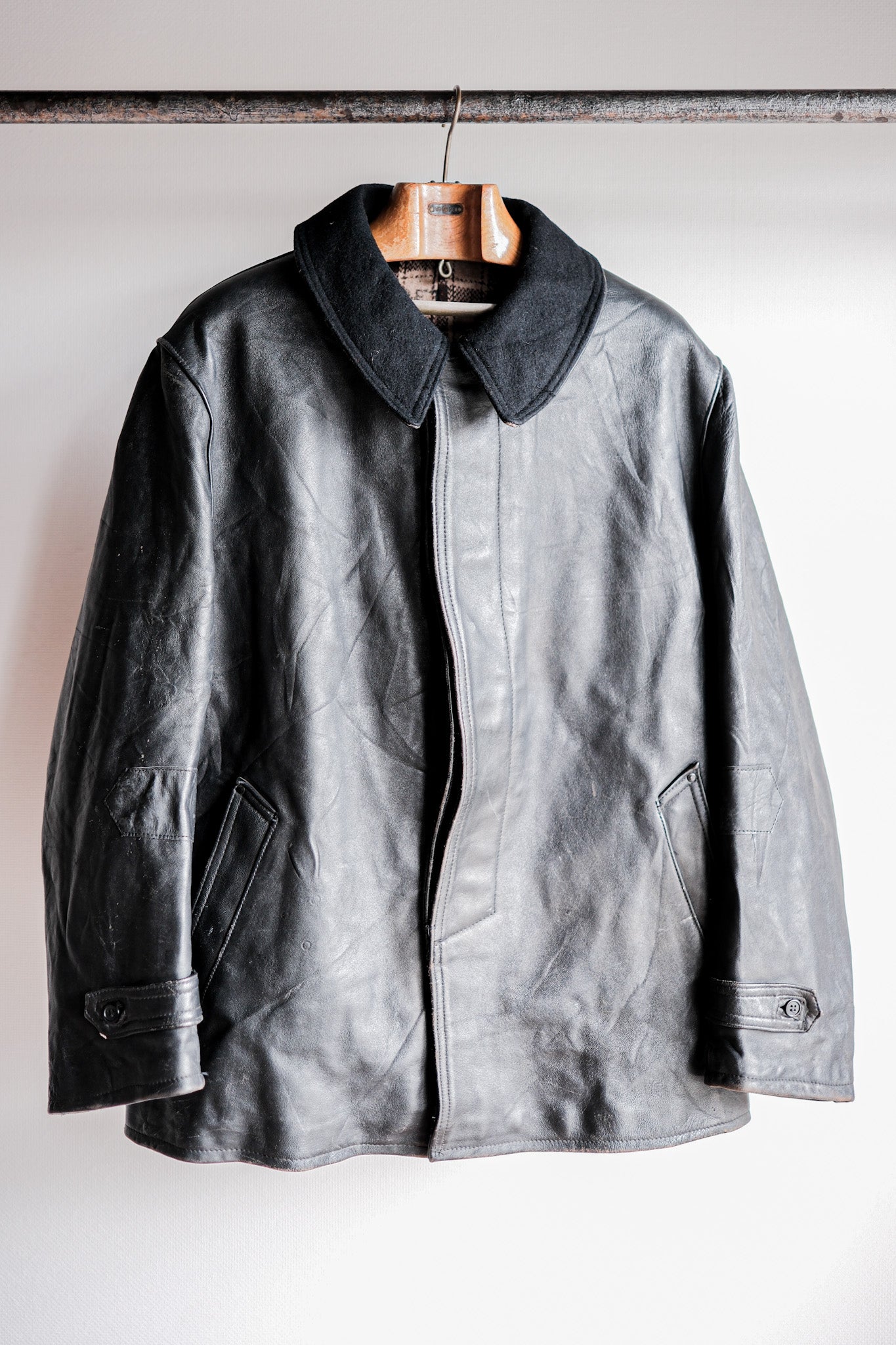 ［~60's］French Vintage Black Leather Work Jacket "Wool Collar"