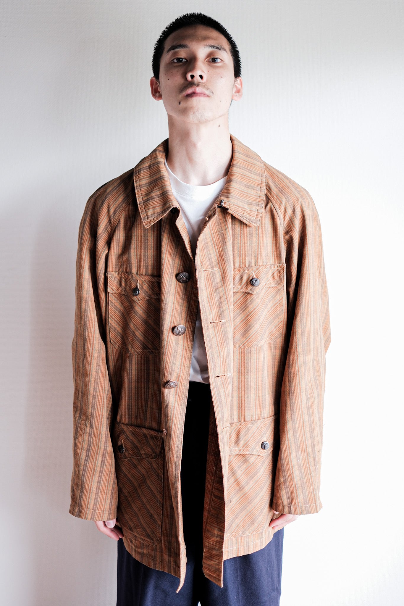 【~50's】French Vintage Brown Cotton Striped Raglan Sleeve Hunting Jacket With Chin Strap "Unusual Pattern"