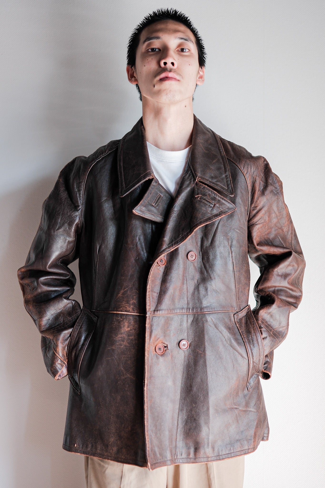 【~50's】French Army Motorcycle Leather Jacket Size.B2