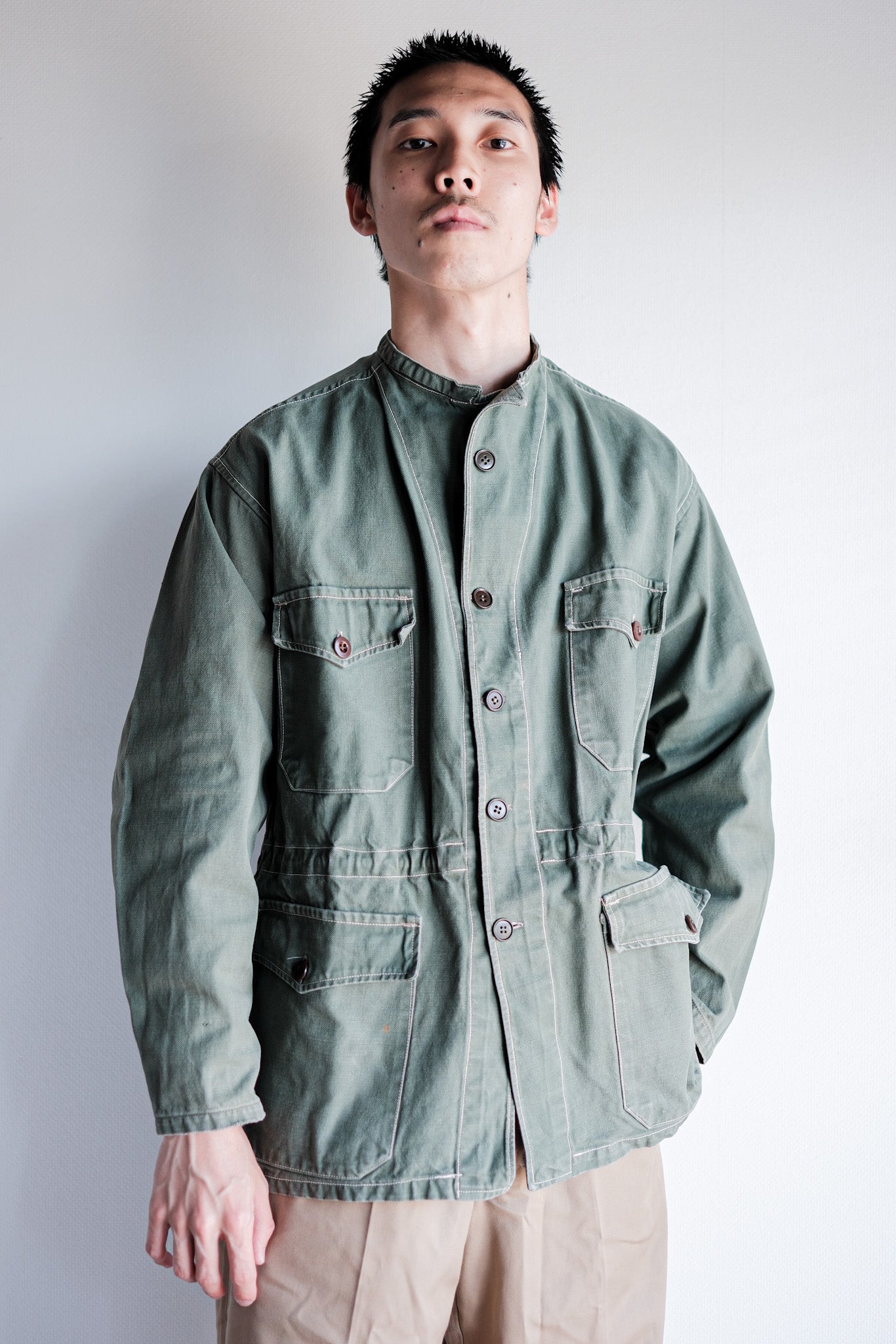 ［~50's］French Vintage Green Cotton Twill 4 Pockets Work Jacket "Unusual Pattern"